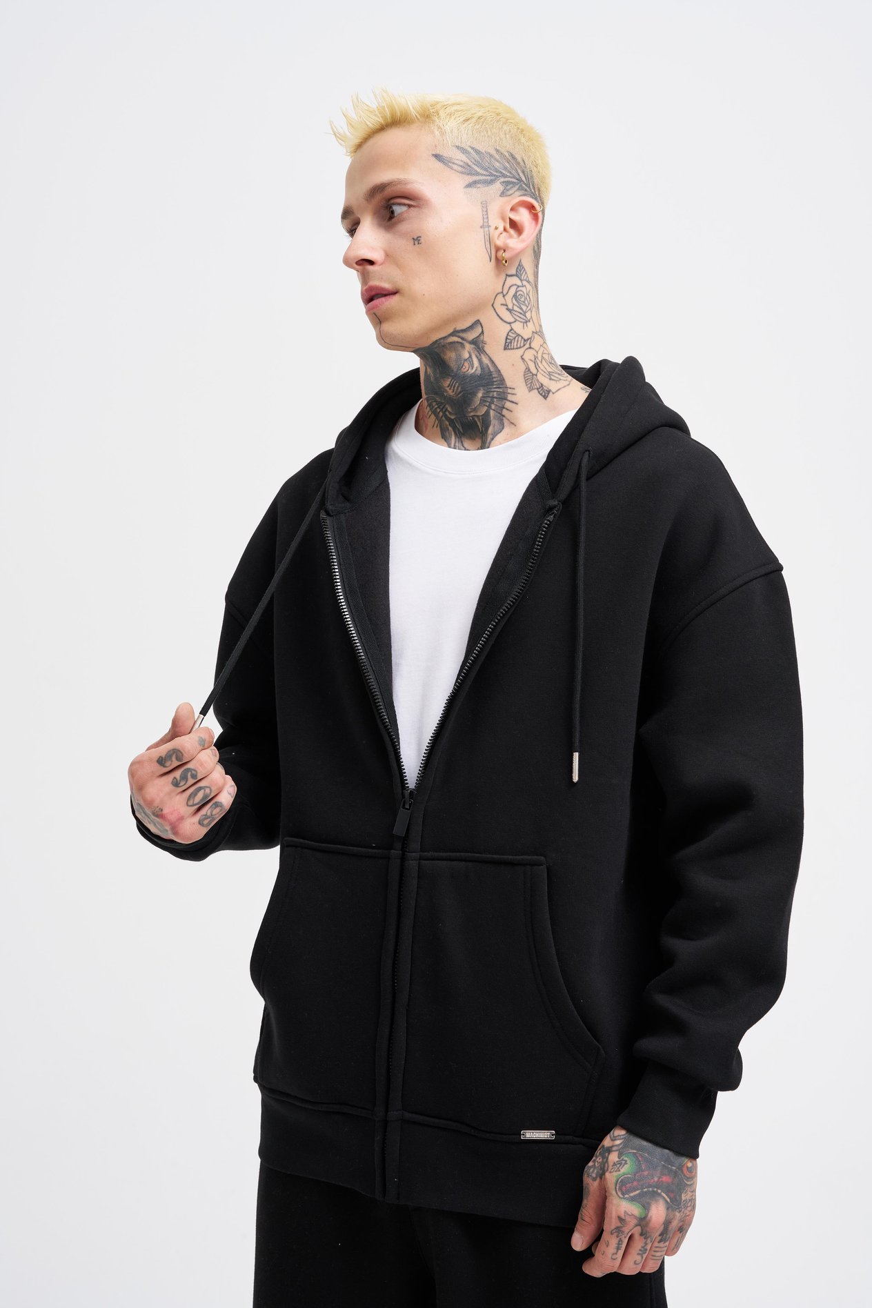 Erkek Basic Fermuarlı Cepli Kapüşonlu Oversize Siyah Sweatshirt