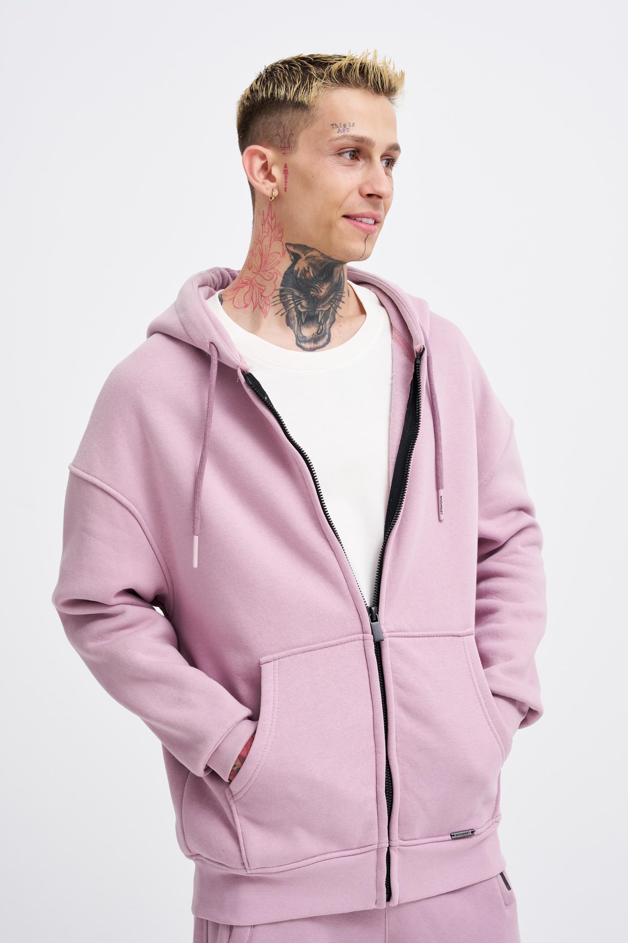 Erkek Basic Fermuarlı Cepli Kapüşonlu Oversize Kirli Pembe Sweatshirt