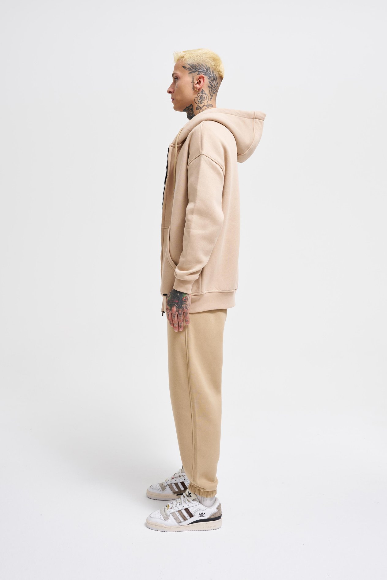 Erkek Basic Fermuarlı Cepli Kapüşonlu Oversize Bej Sweatshirt