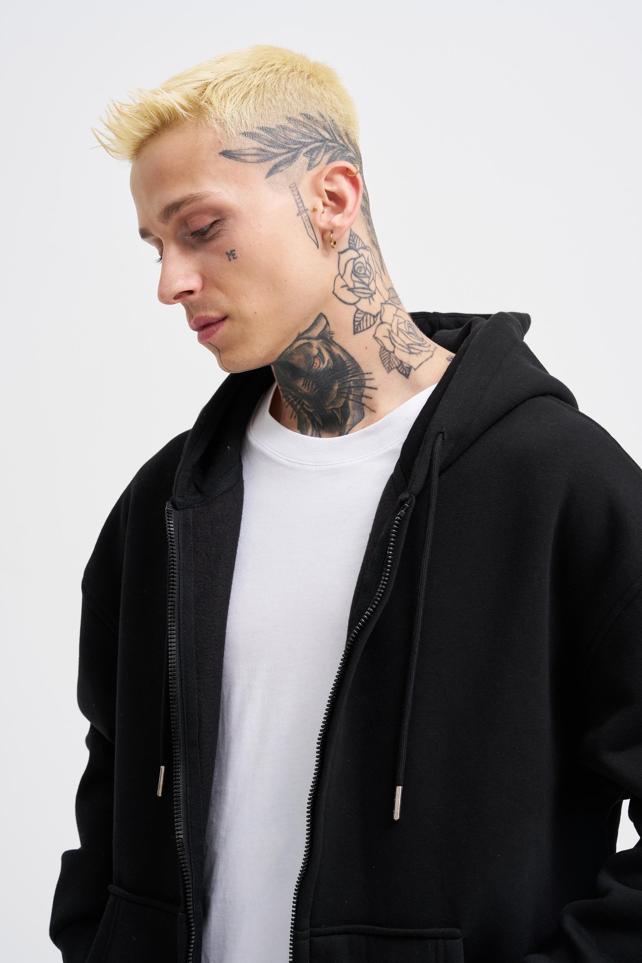 Erkek Basic Fermuarlı Cepli Kapüşonlu Oversize Siyah Sweatshirt