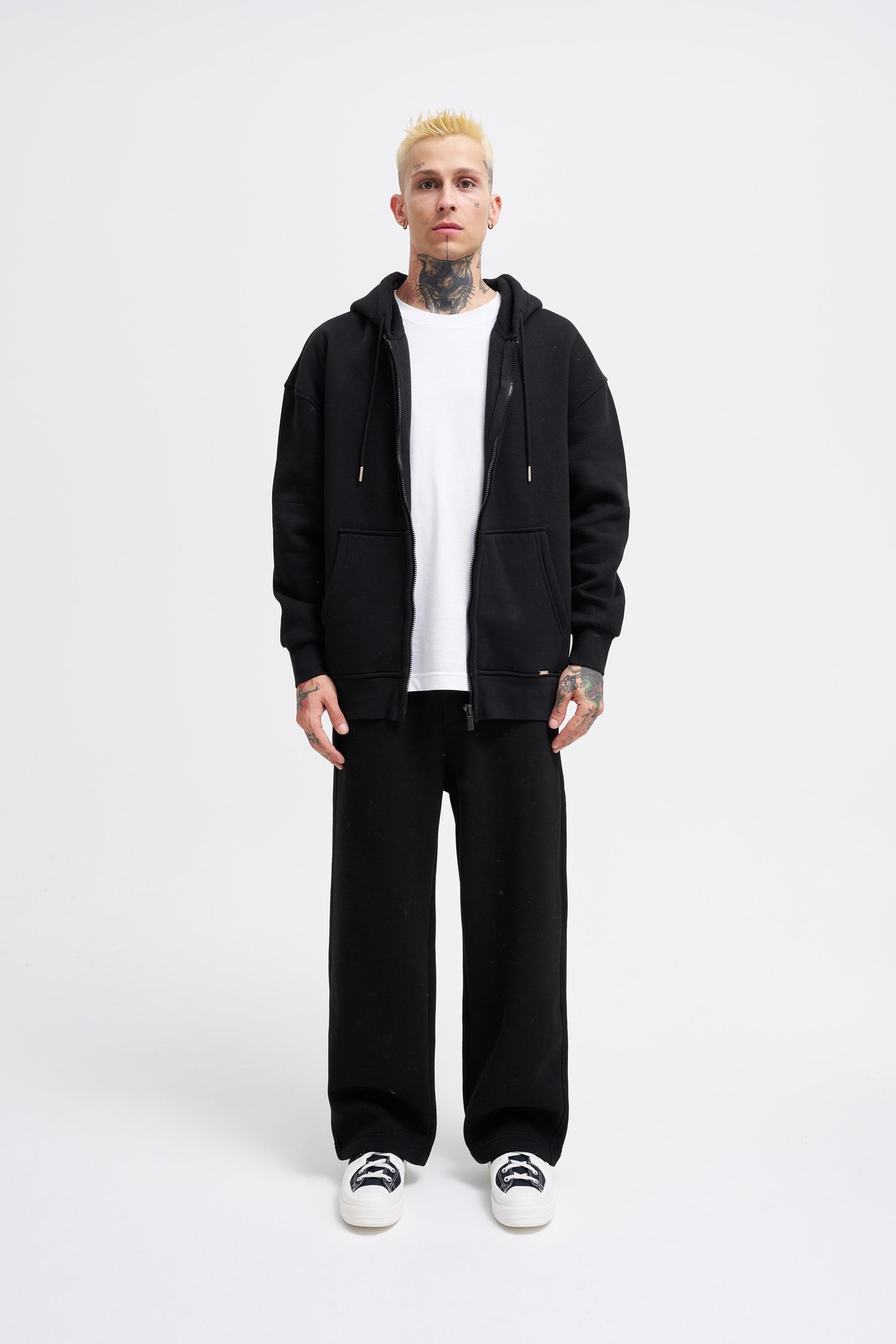 Erkek Basic Fermuarlı Cepli Kapüşonlu Oversize Siyah Sweatshirt