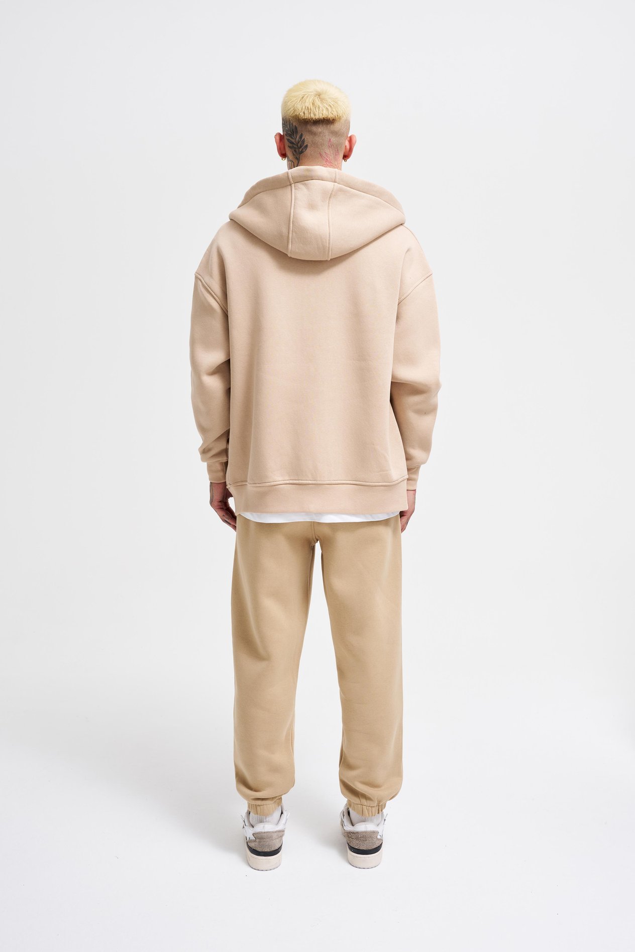 Erkek Basic Fermuarlı Cepli Kapüşonlu Oversize Bej Sweatshirt