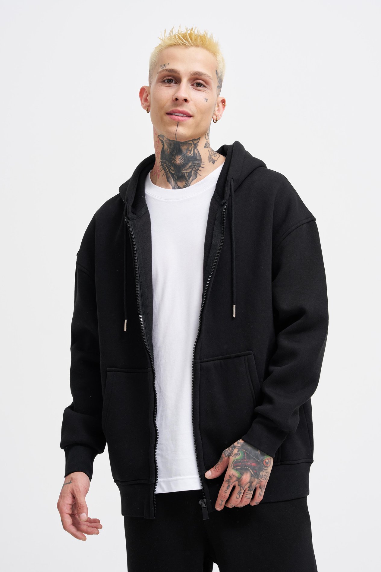 Erkek Basic Fermuarlı Cepli Kapüşonlu Oversize Siyah Sweatshirt