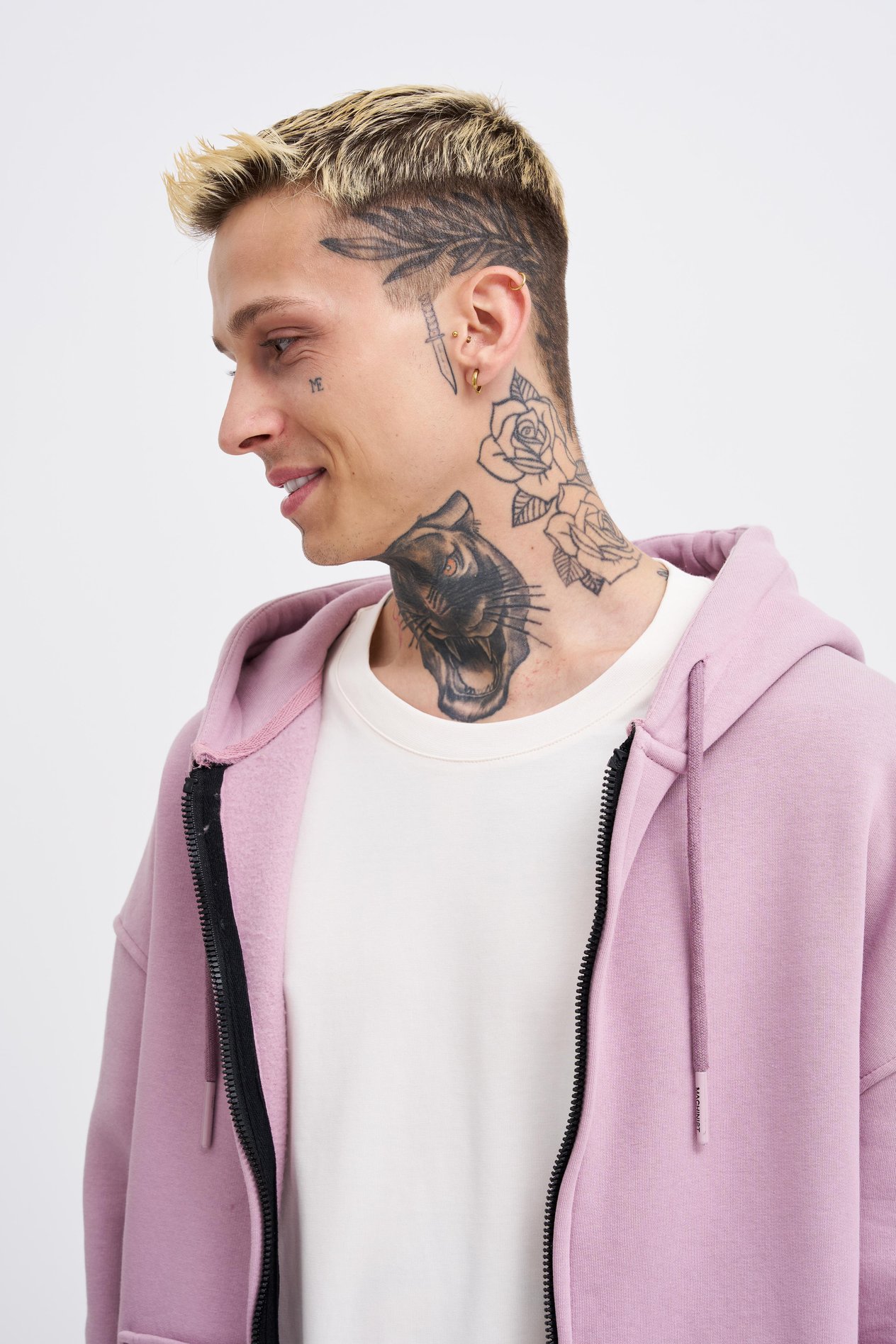 Erkek Basic Fermuarlı Cepli Kapüşonlu Oversize Kirli Pembe Sweatshirt