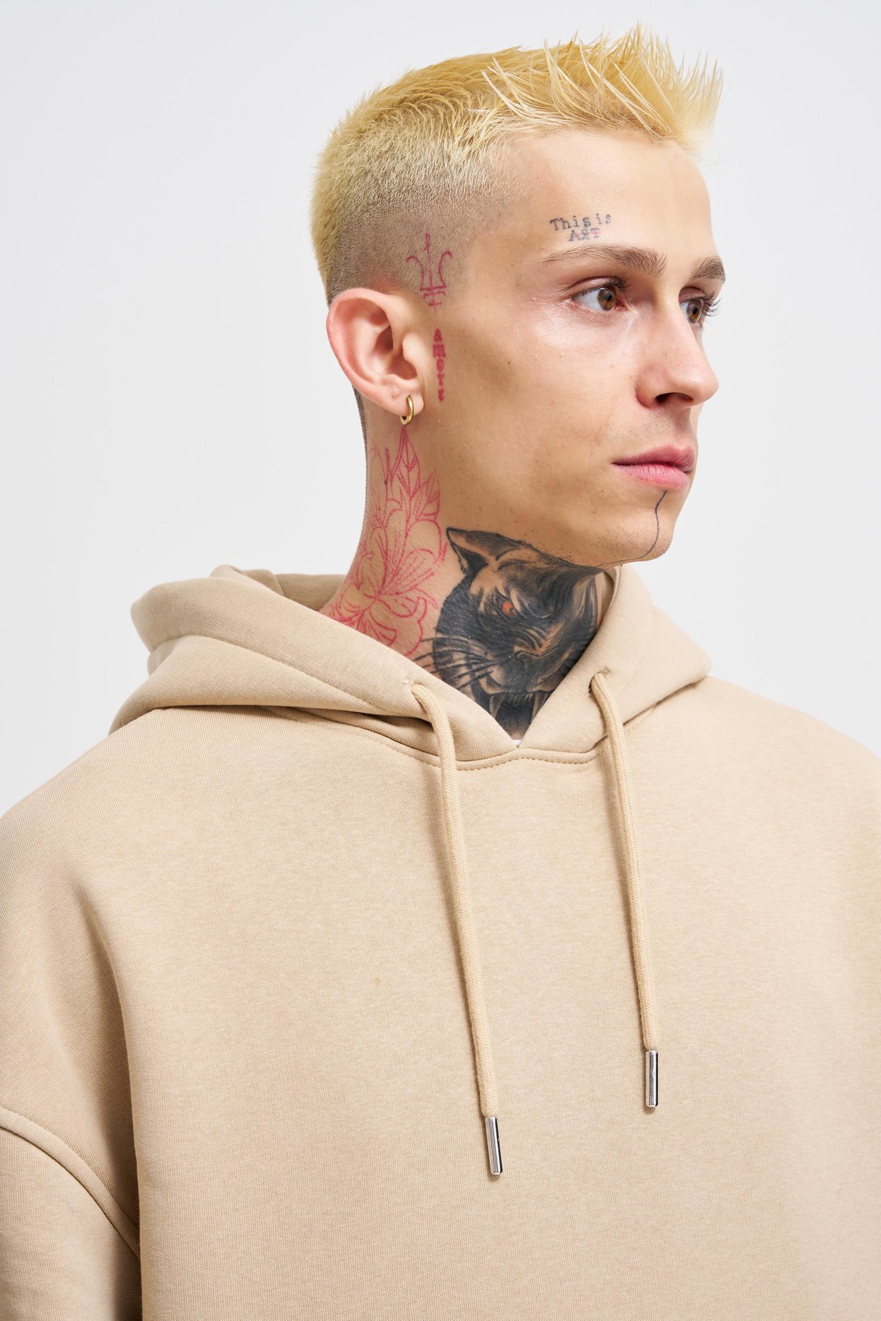 Erkek Basic Kapüşonlu Oversize Bej Sweatshirt