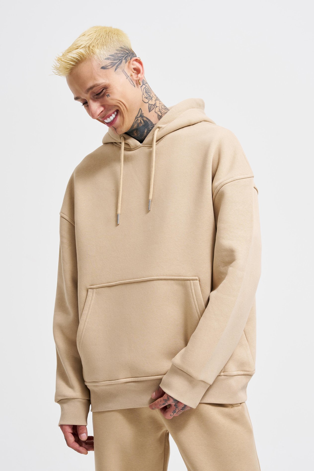 Erkek Basic Kapüşonlu Oversize Bej Sweatshirt