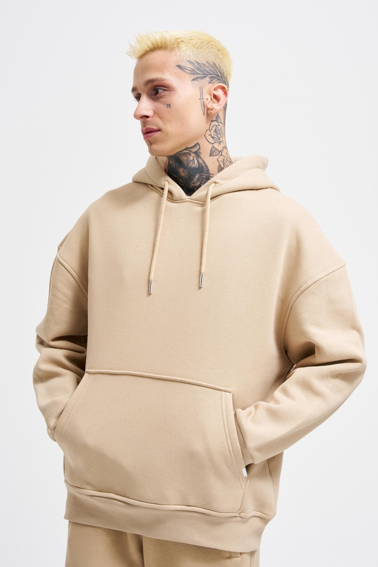 Erkek Basic Kapüşonlu Oversize Bej Sweatshirt