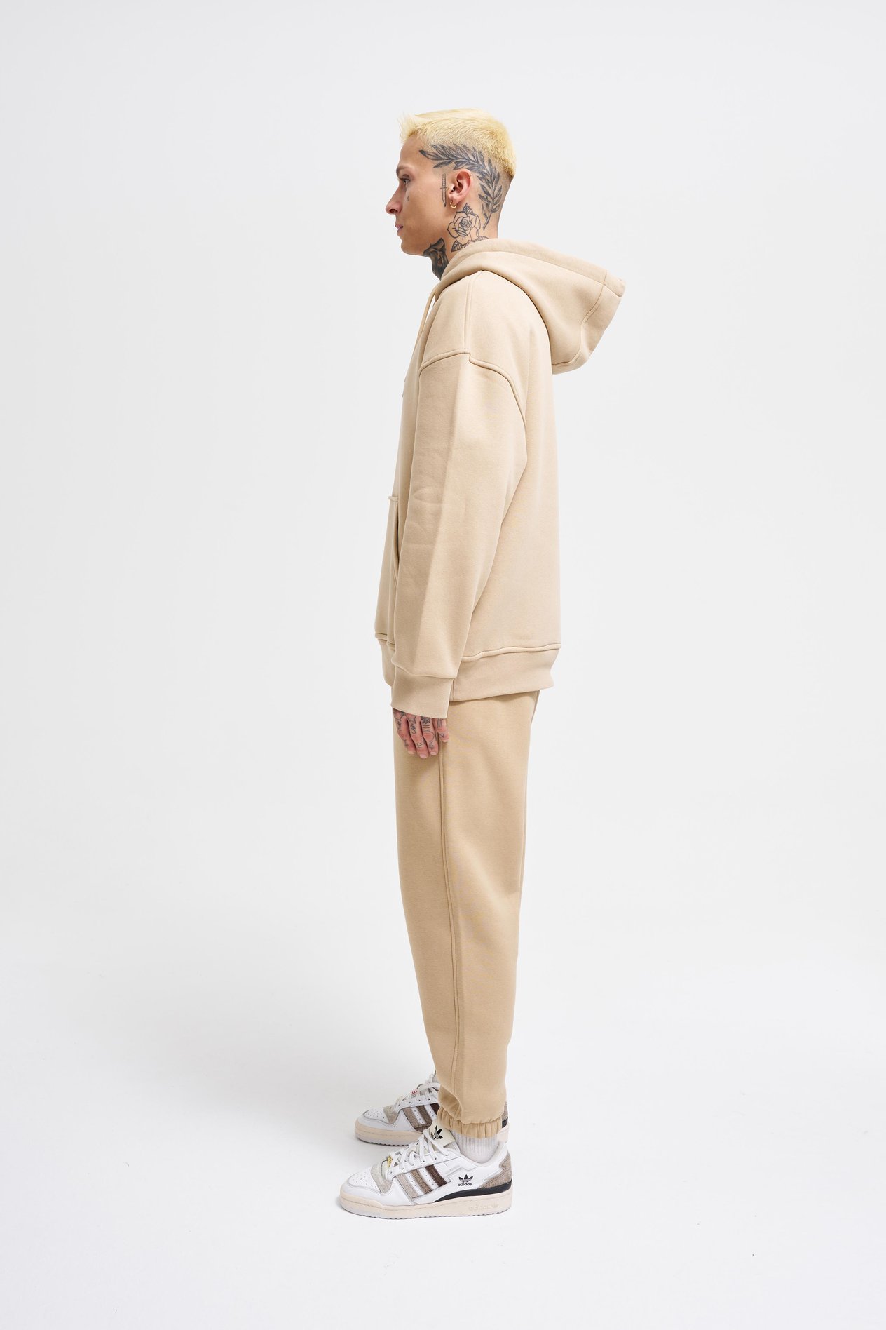 Erkek Basic Kapüşonlu Oversize Bej Sweatshirt