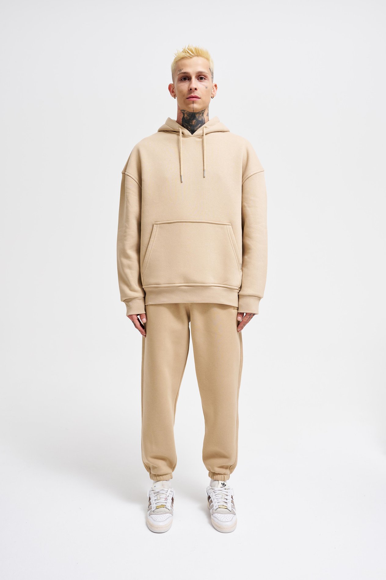 Erkek Basic Kapüşonlu Oversize Bej Sweatshirt