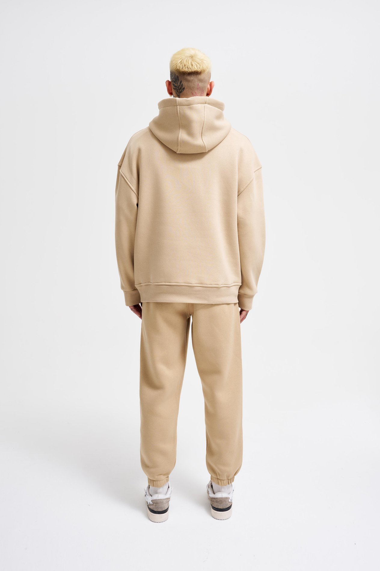 Erkek Basic Kapüşonlu Oversize Bej Sweatshirt