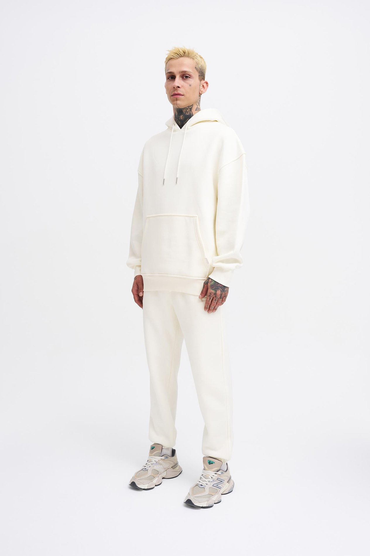 Erkek Basic Kapüşonlu Oversize Ekru Sweatshirt
