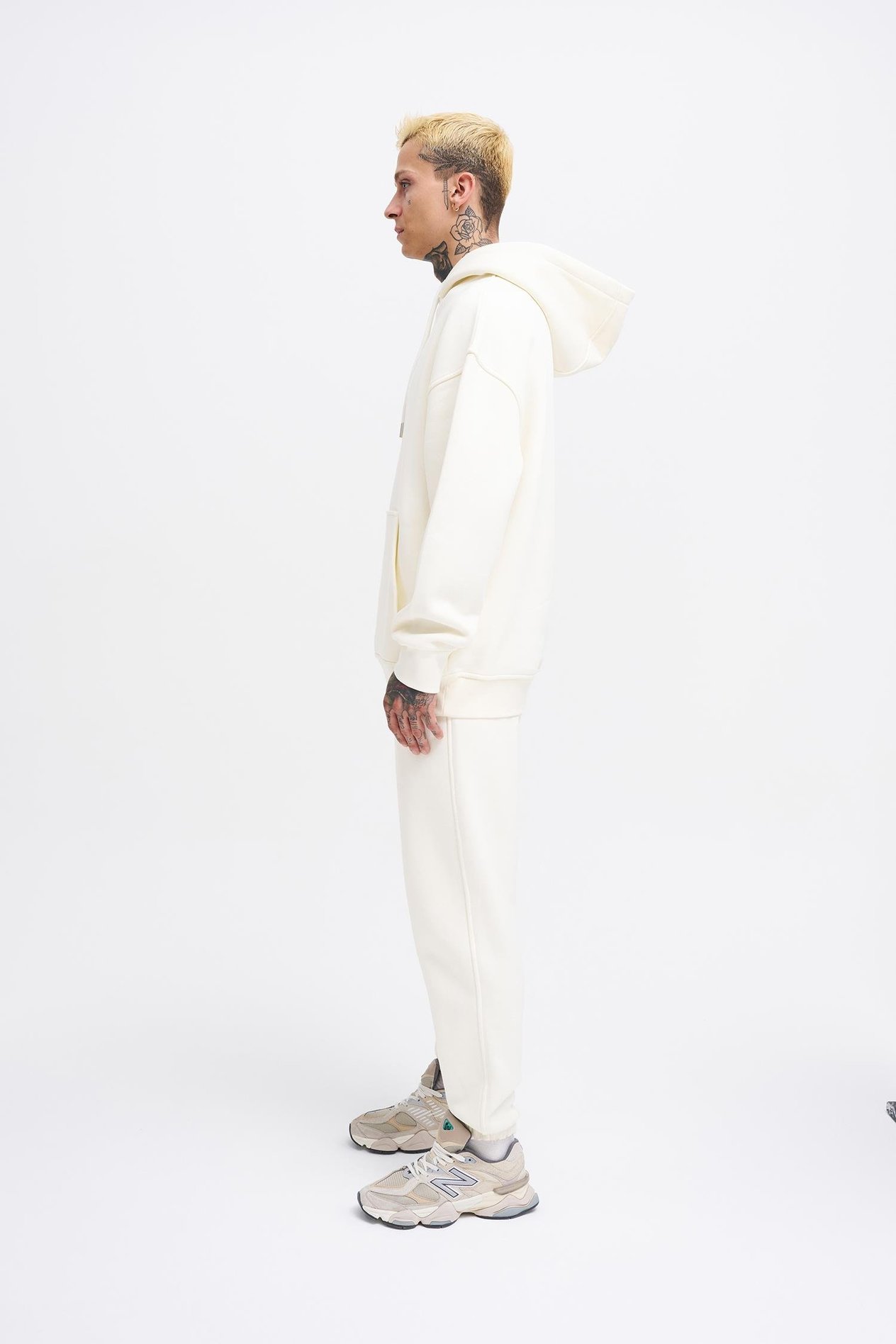 Erkek Basic Kapüşonlu Oversize Ekru Sweatshirt