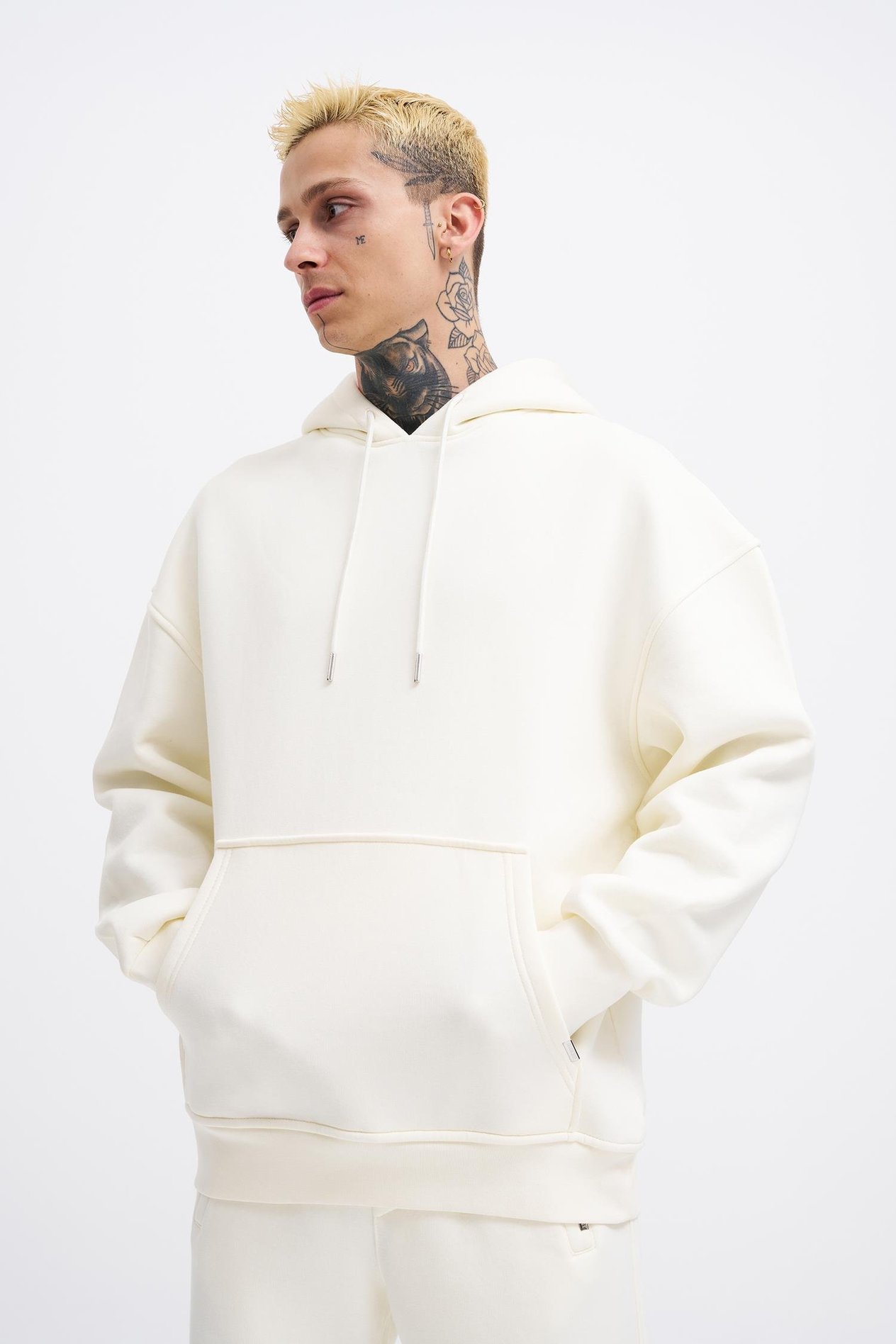 Erkek Basic Kapüşonlu Oversize Ekru Sweatshirt