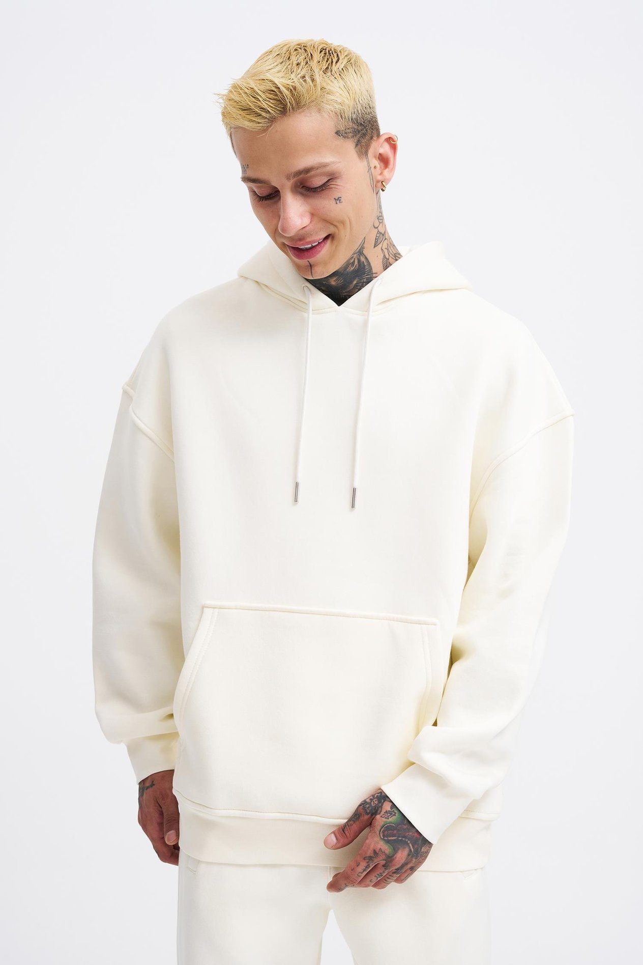 Erkek Basic Kapüşonlu Oversize Ekru Sweatshirt