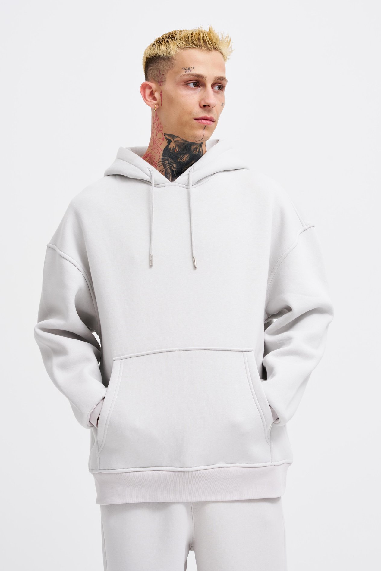 Erkek Basic Kapüşonlu Oversize Gri Sweatshirt