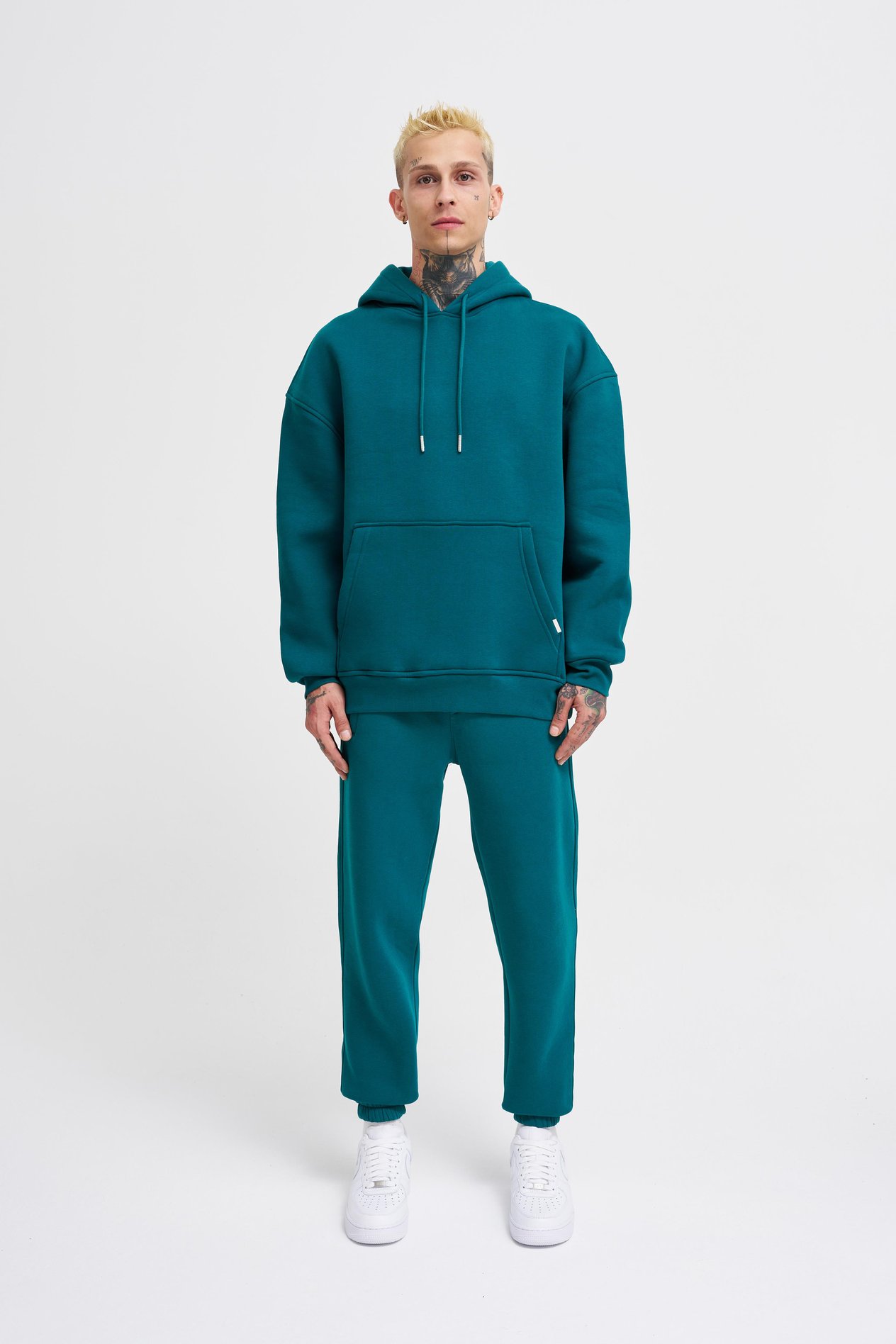Erkek Basic Kapüşonlu Oversize Petrol Yeşili Sweatshirt