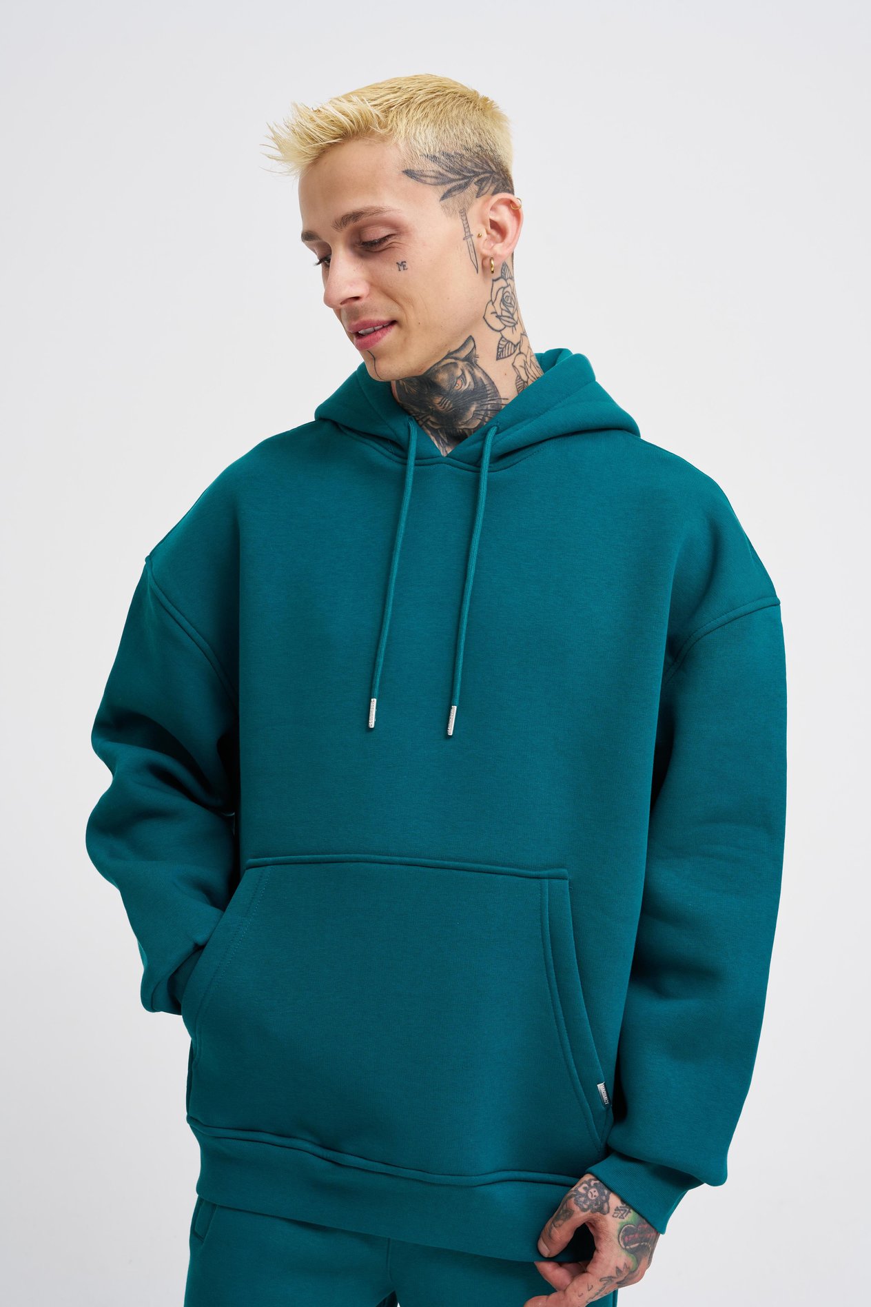 Erkek Basic Kapüşonlu Oversize Petrol Yeşili Sweatshirt