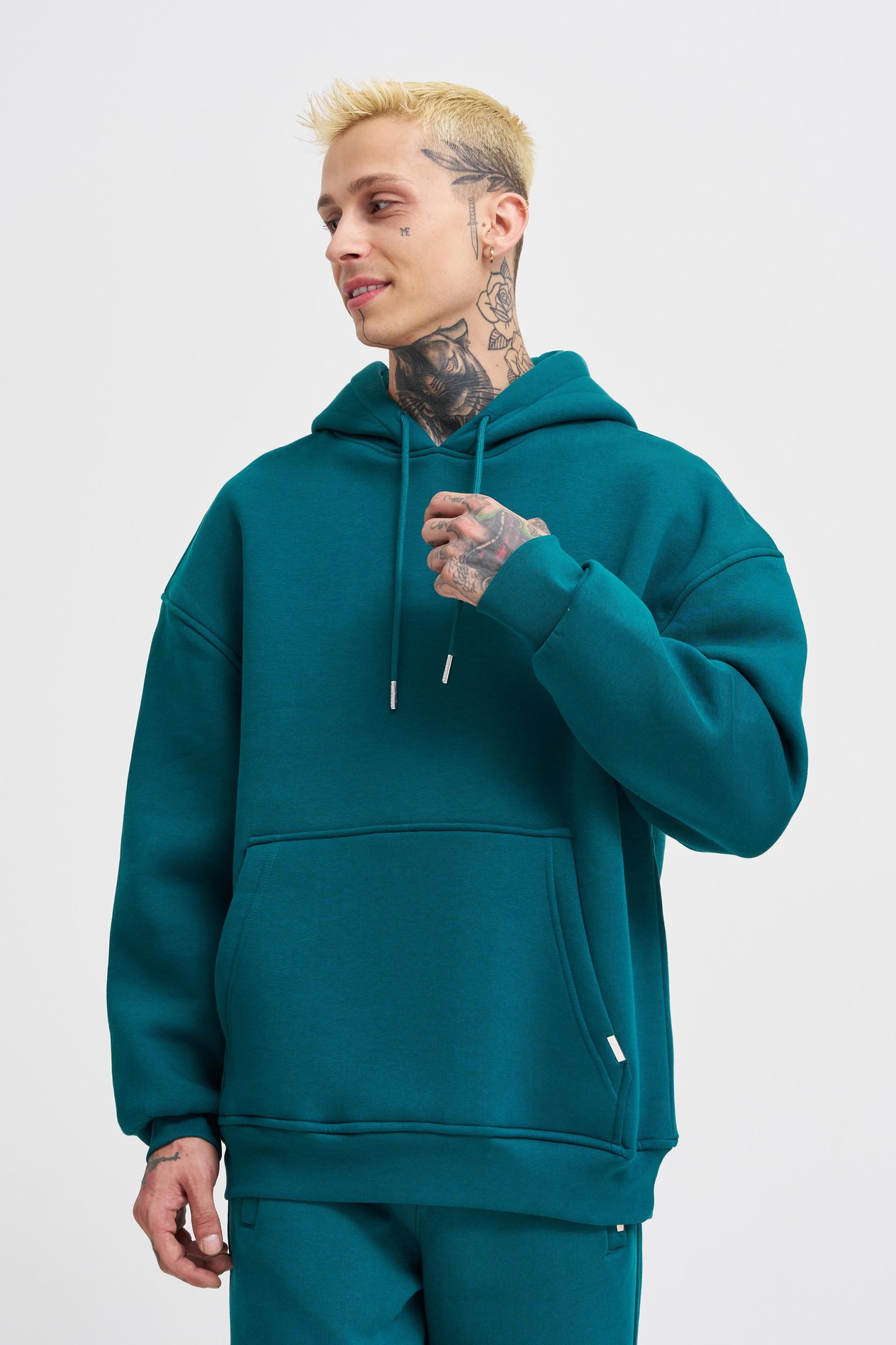 Erkek Basic Kapüşonlu Oversize Petrol Yeşili Sweatshirt