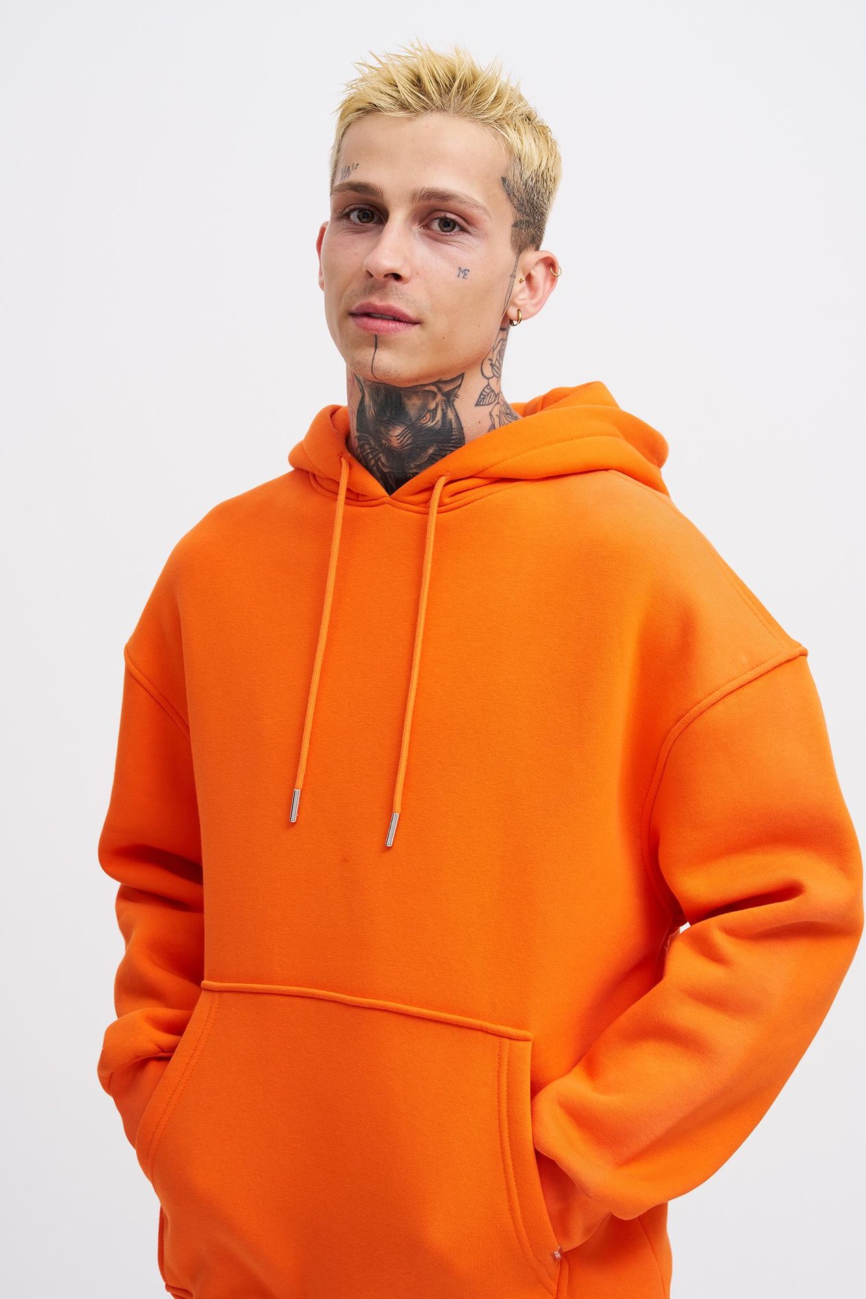 Erkek Basic Kapüşonlu Oversize Turuncu Sweatshirt