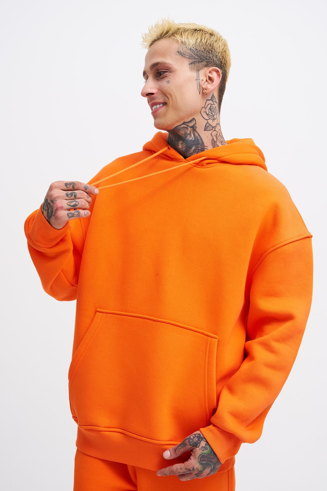 Erkek Basic Kapüşonlu Oversize Turuncu Sweatshirt