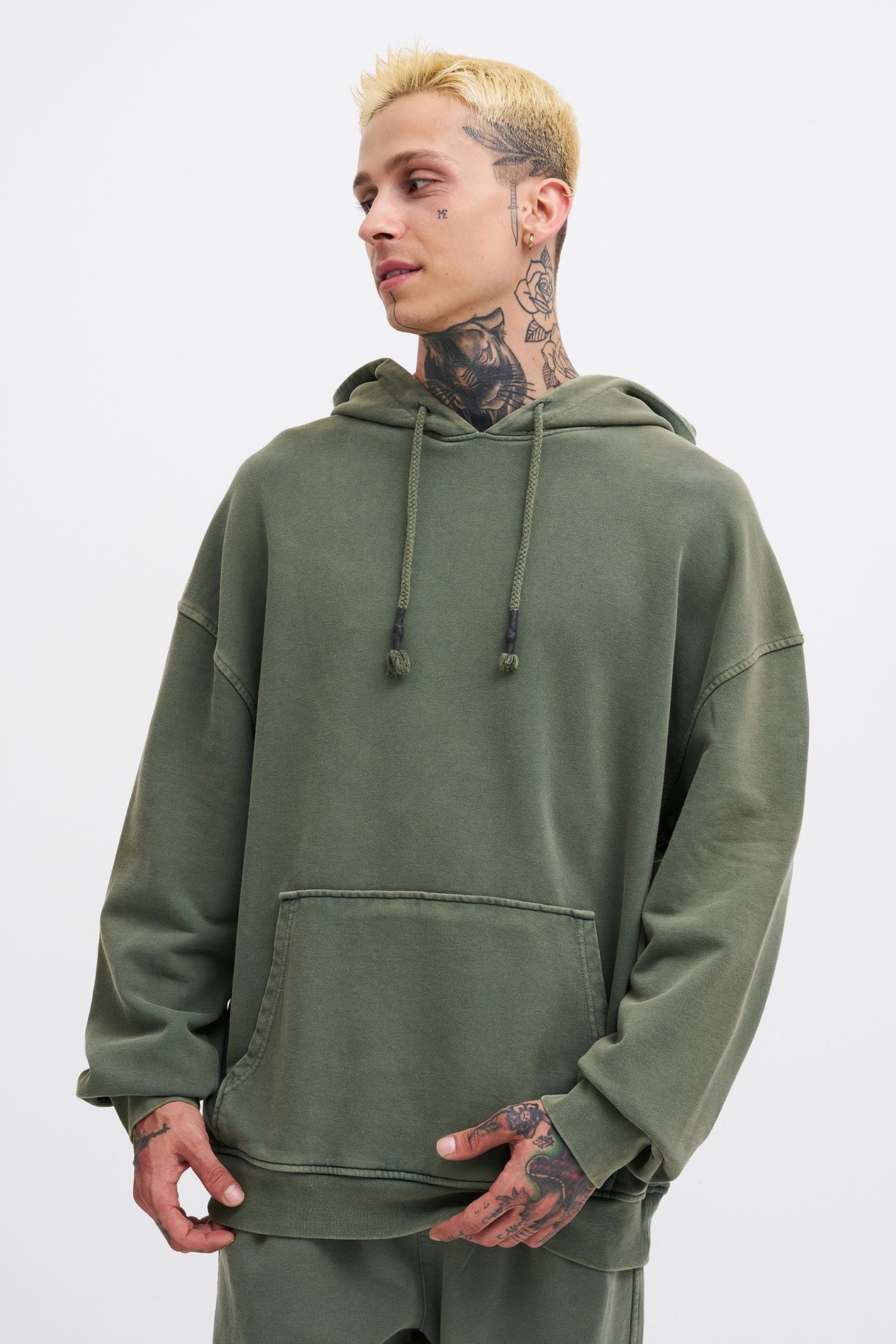 Erkek Basic Kapüşonlu Oversize Yıkamalı Haki Sweatshirt