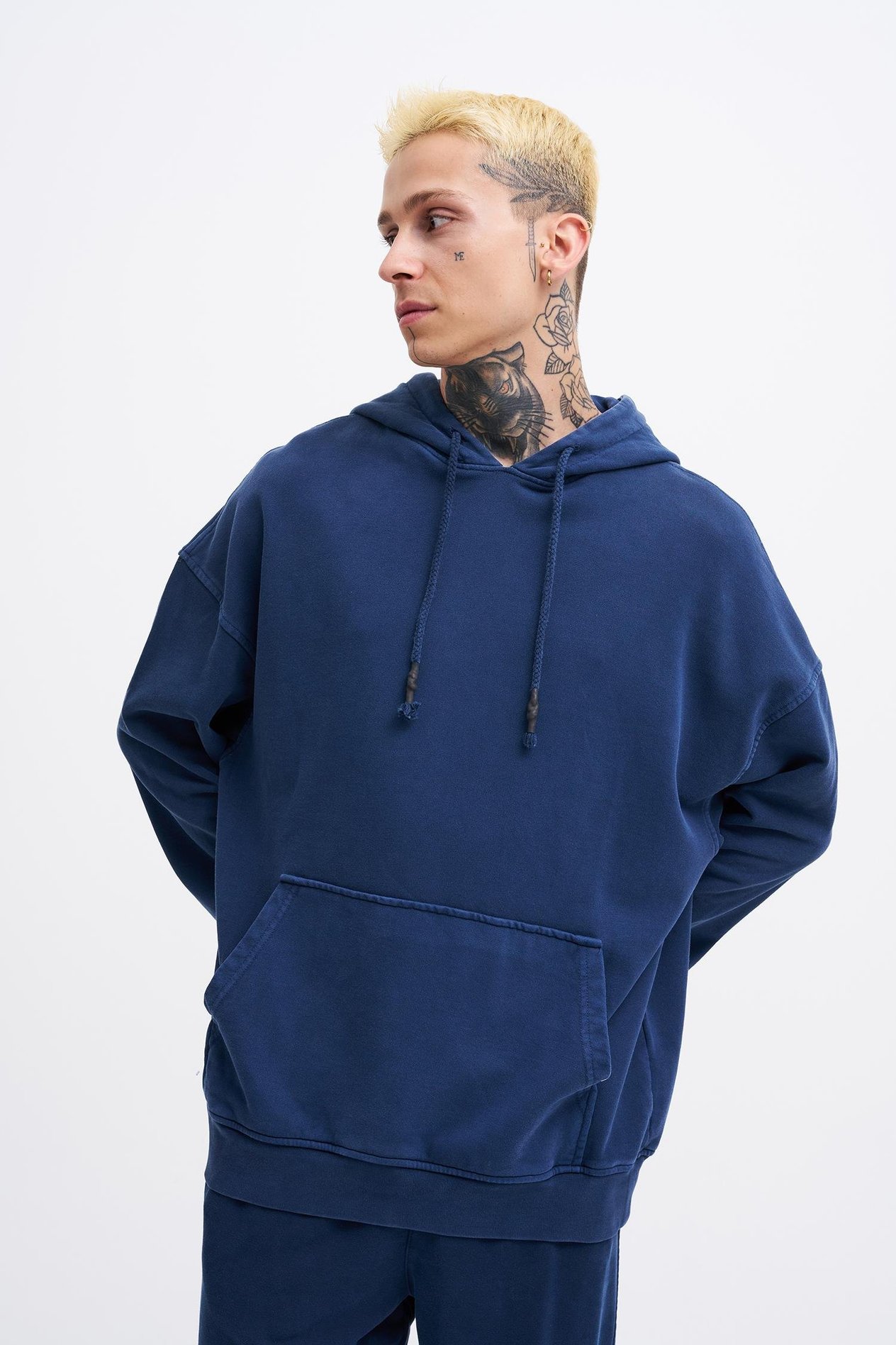 Erkek Basic Kapüşonlu Oversize Yıkamalı Lacivert Sweatshirt