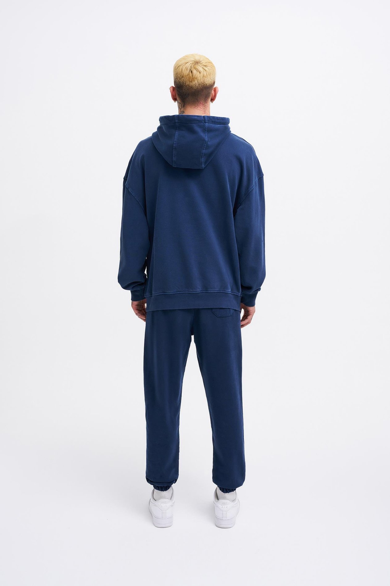 Erkek Basic Kapüşonlu Oversize Yıkamalı Lacivert Sweatshirt