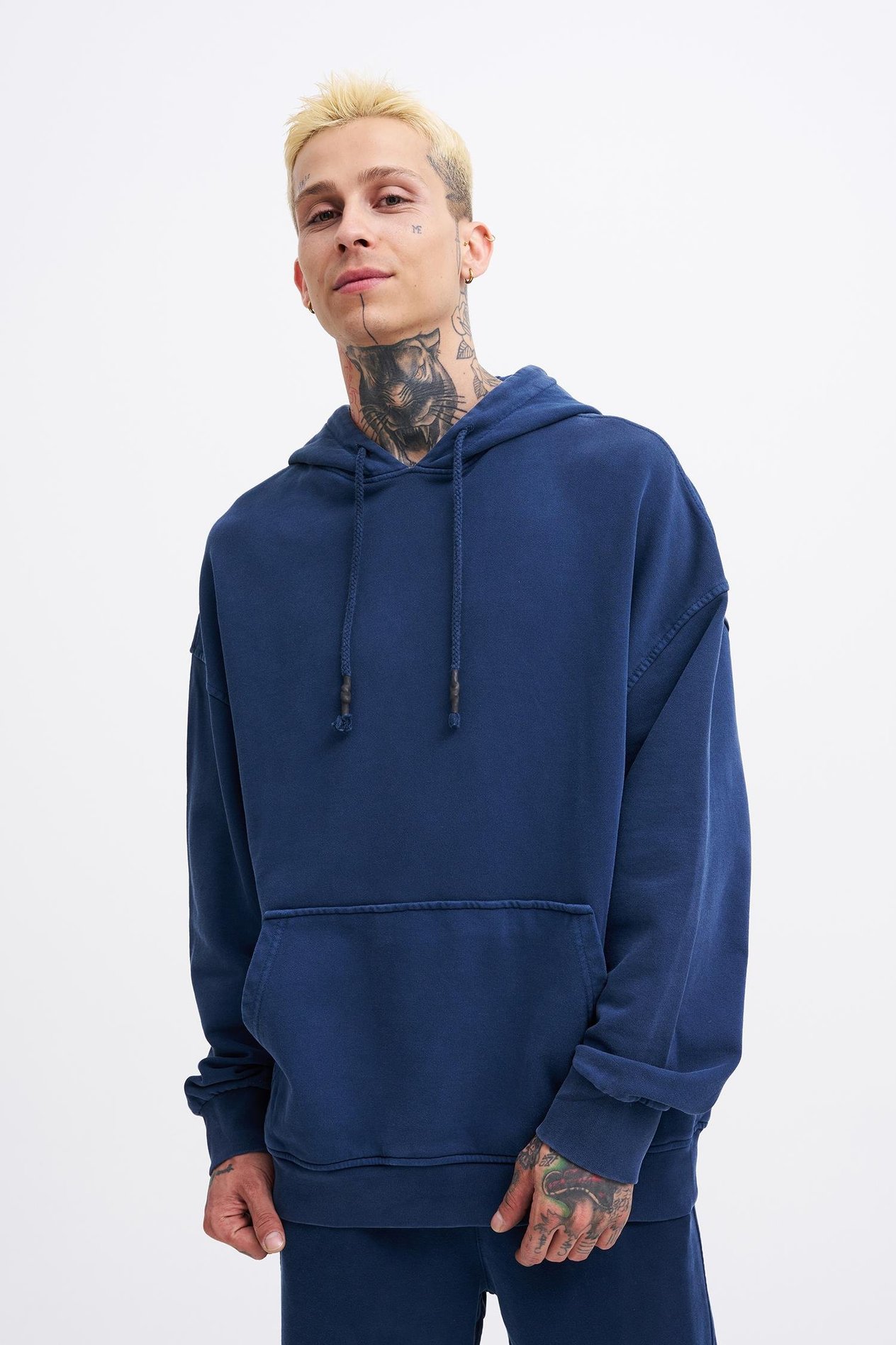 Erkek Basic Kapüşonlu Oversize Yıkamalı Lacivert Sweatshirt
