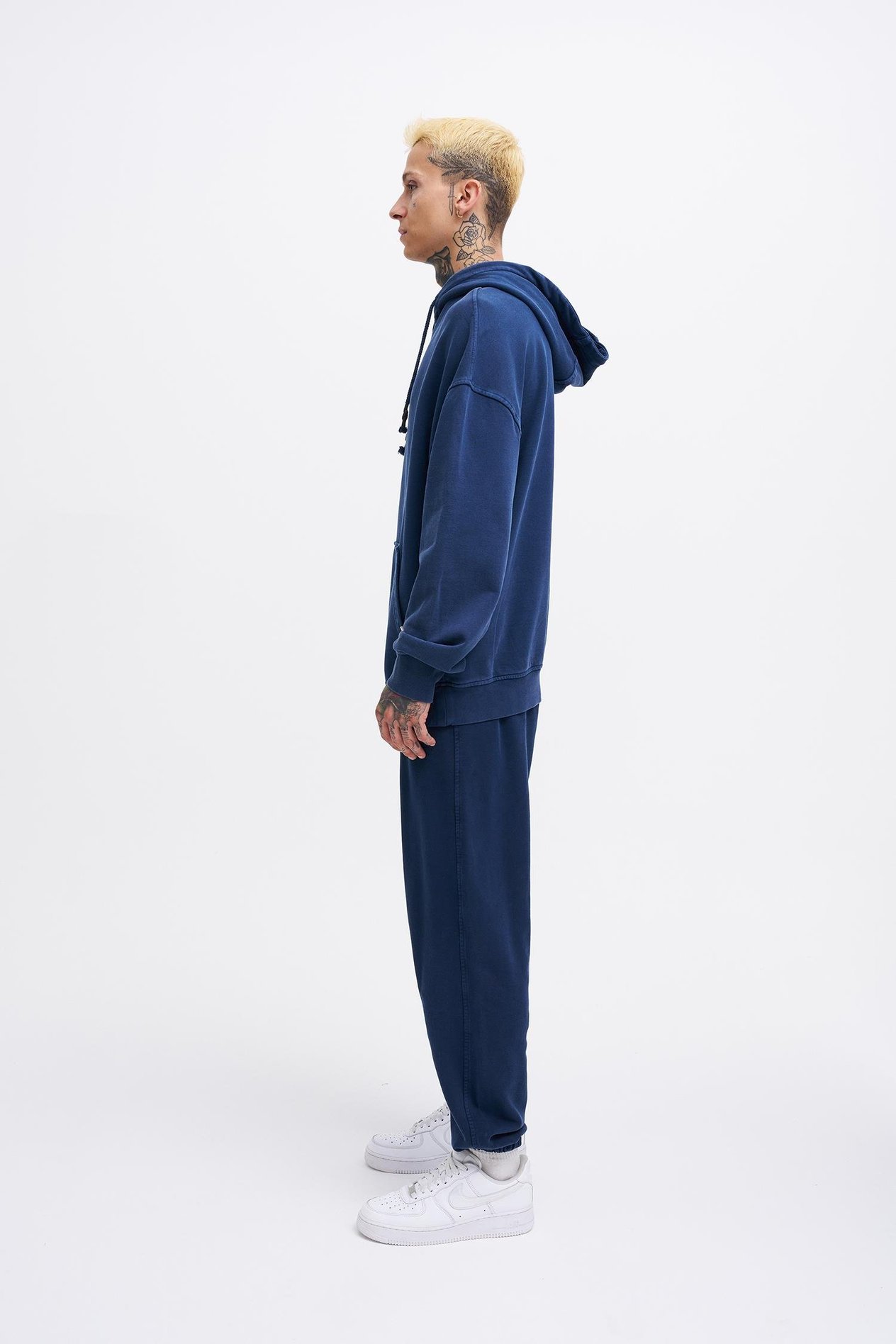Erkek Basic Kapüşonlu Oversize Yıkamalı Lacivert Sweatshirt