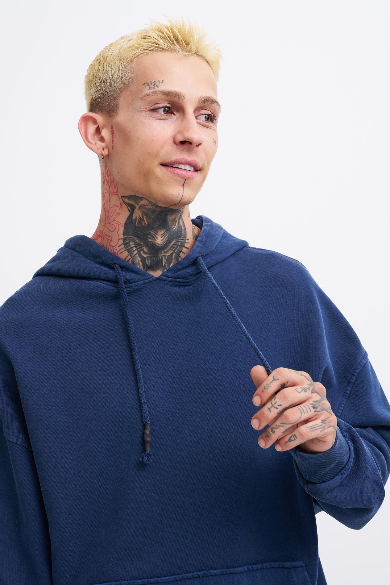 Erkek Basic Kapüşonlu Oversize Yıkamalı Lacivert Sweatshirt