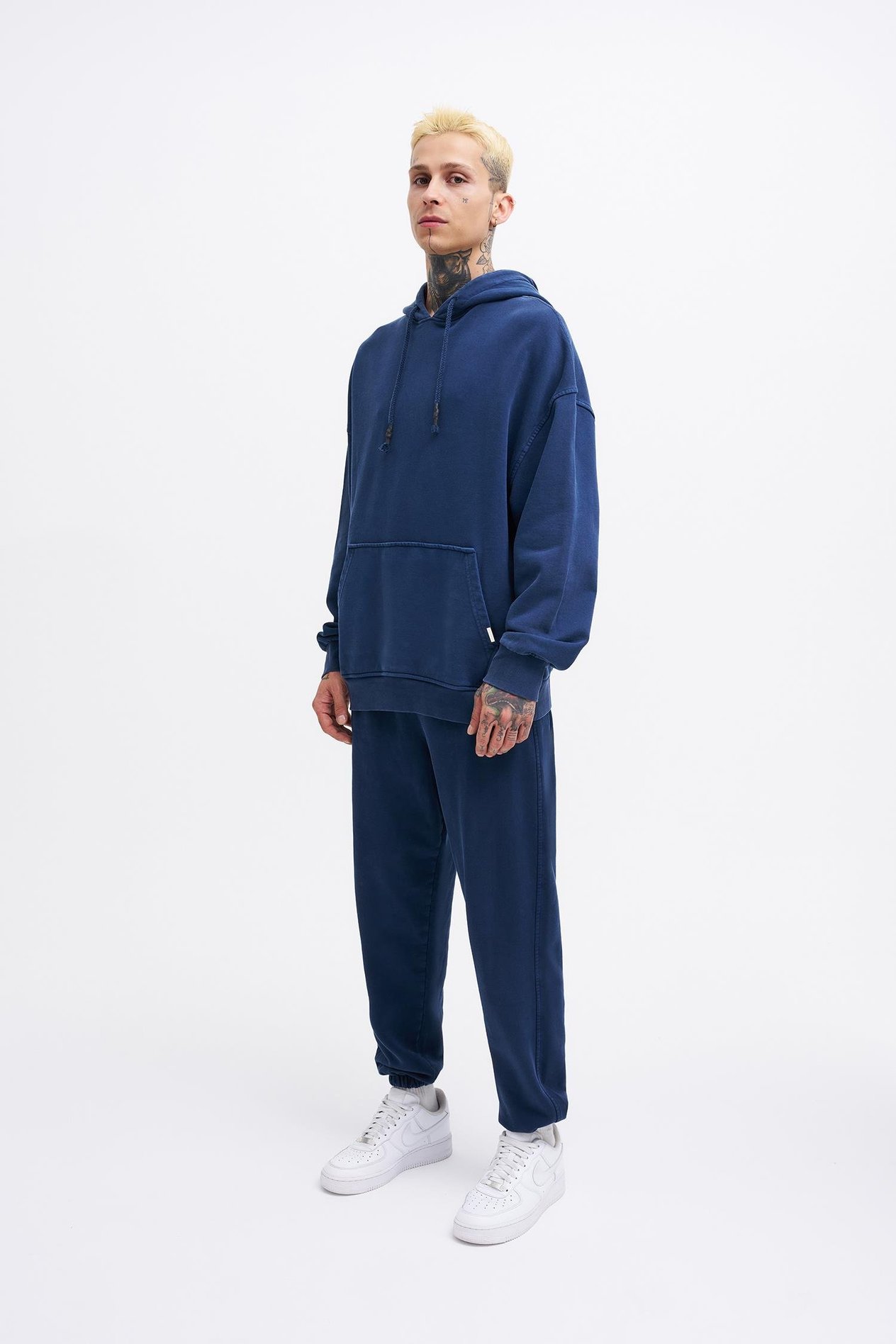 Erkek Basic Kapüşonlu Oversize Yıkamalı Lacivert Sweatshirt
