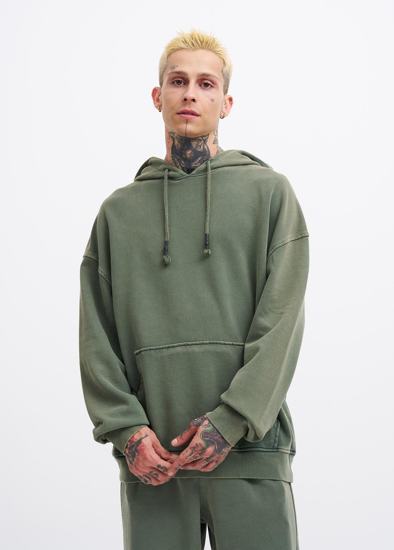Erkek Basic Kapüşonlu Oversize Yıkamalı Haki Sweatshirt