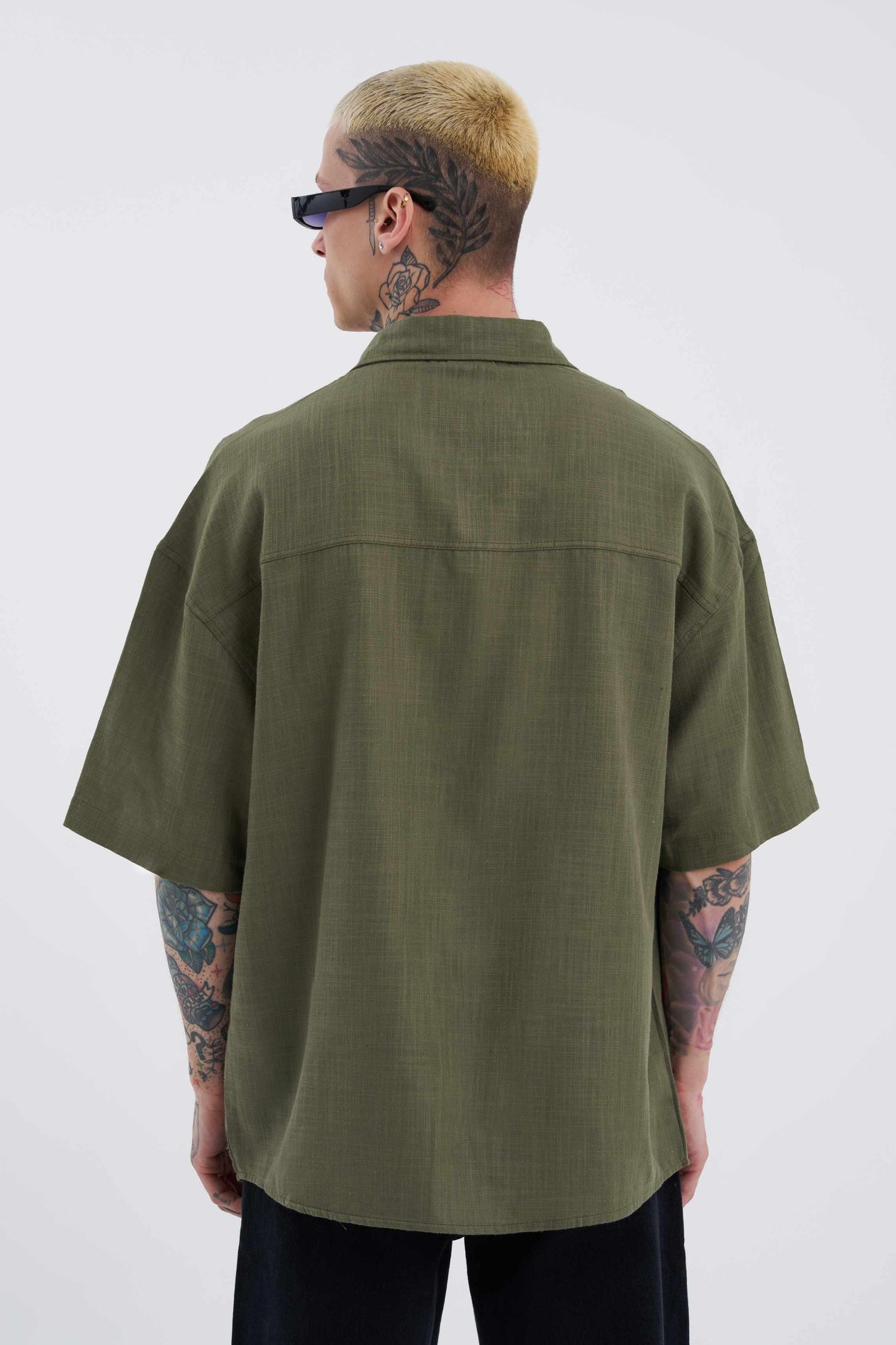 Erkek Basic Nakışlı Oversize Haki Gömlek