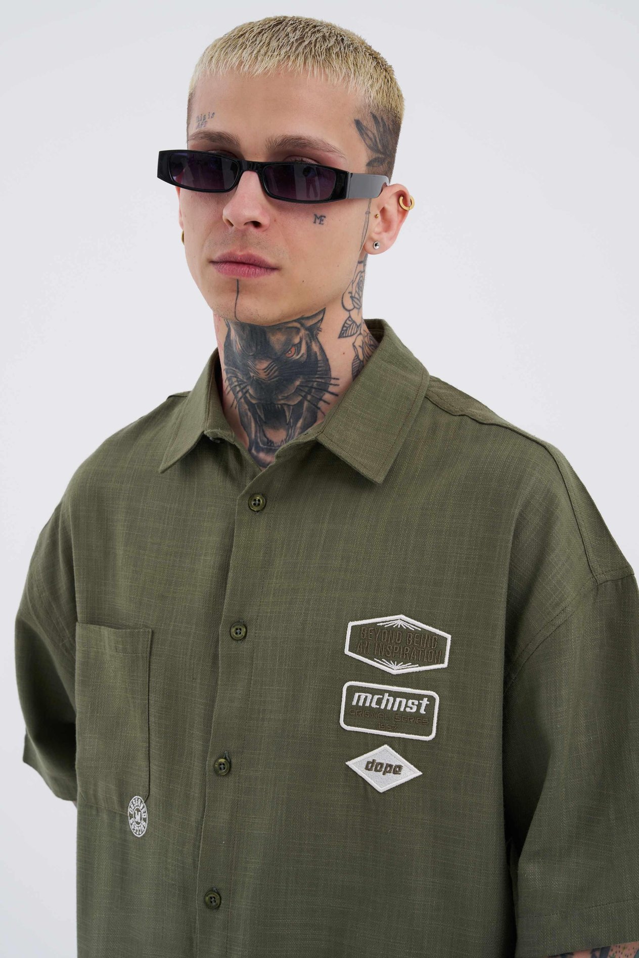 Erkek Basic Nakışlı Oversize Haki Gömlek