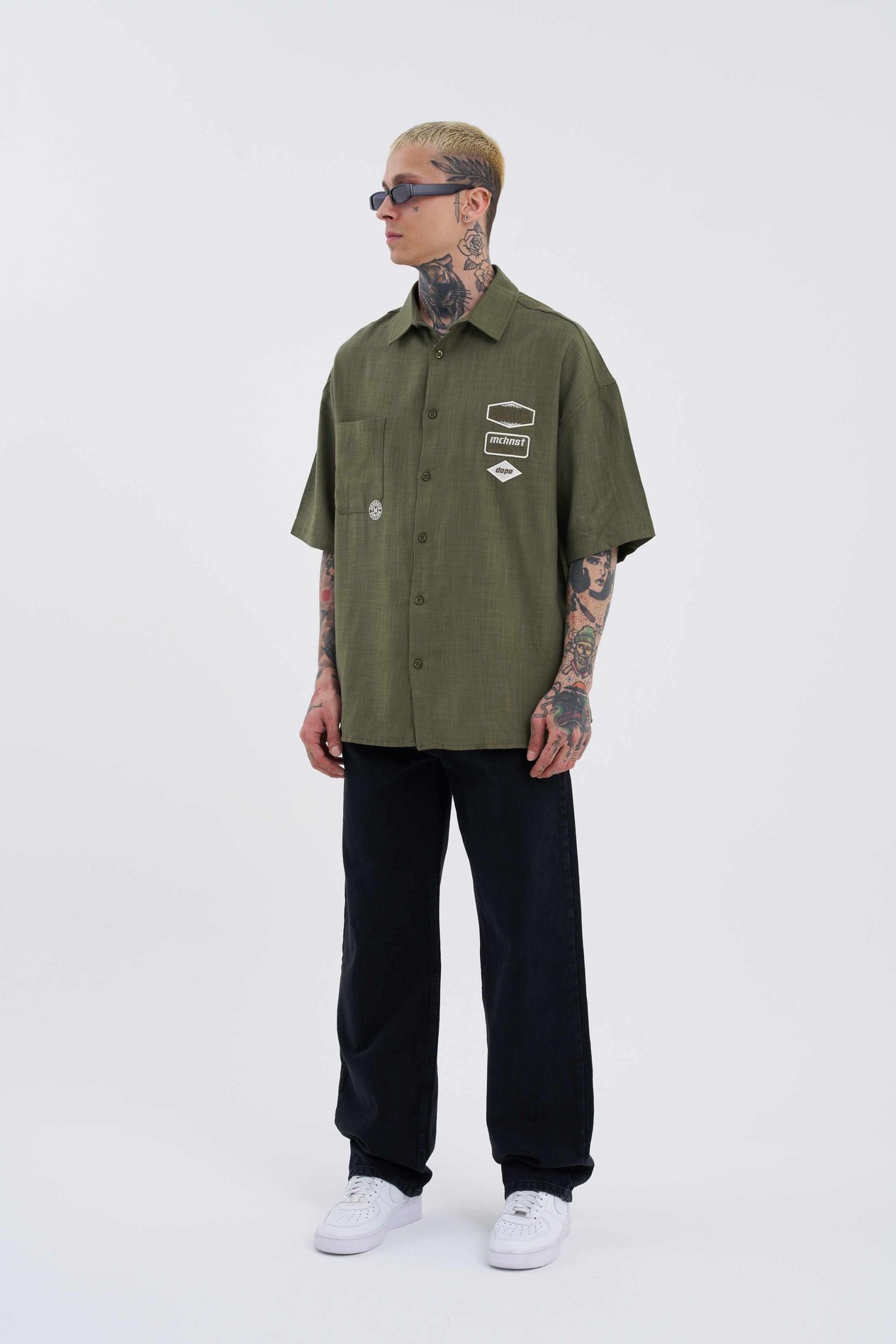 Erkek Basic Nakışlı Oversize Haki Gömlek