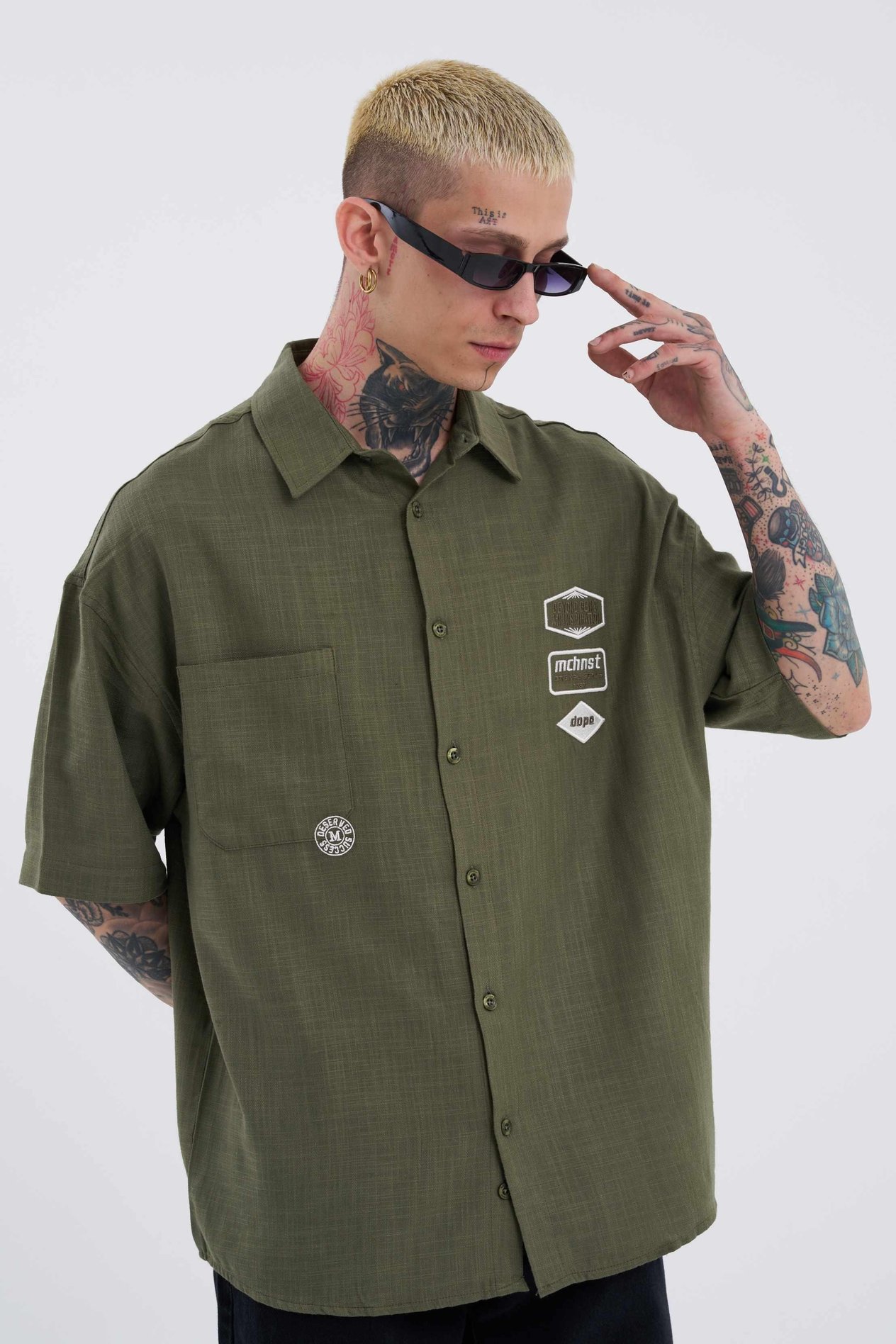 Erkek Basic Nakışlı Oversize Haki Gömlek