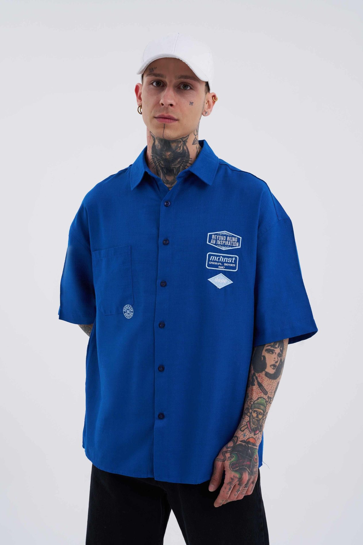 Erkek Basic Nakışlı Oversize Lacivert Gömlek