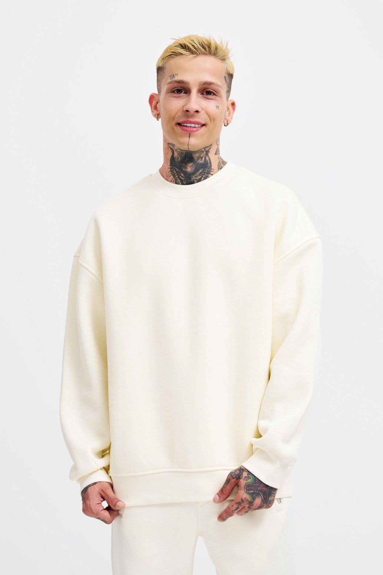 Erkek Basic Oversize Ekru Sweatshirt 