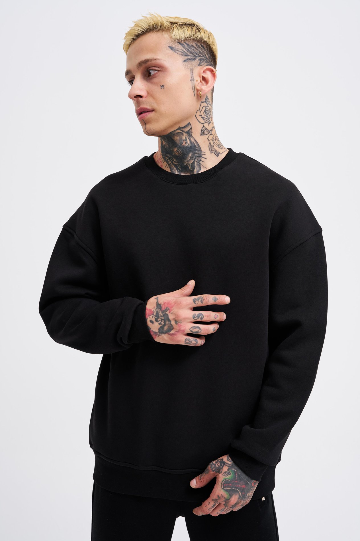 Erkek Basic Oversize Siyah Sweatshirt 