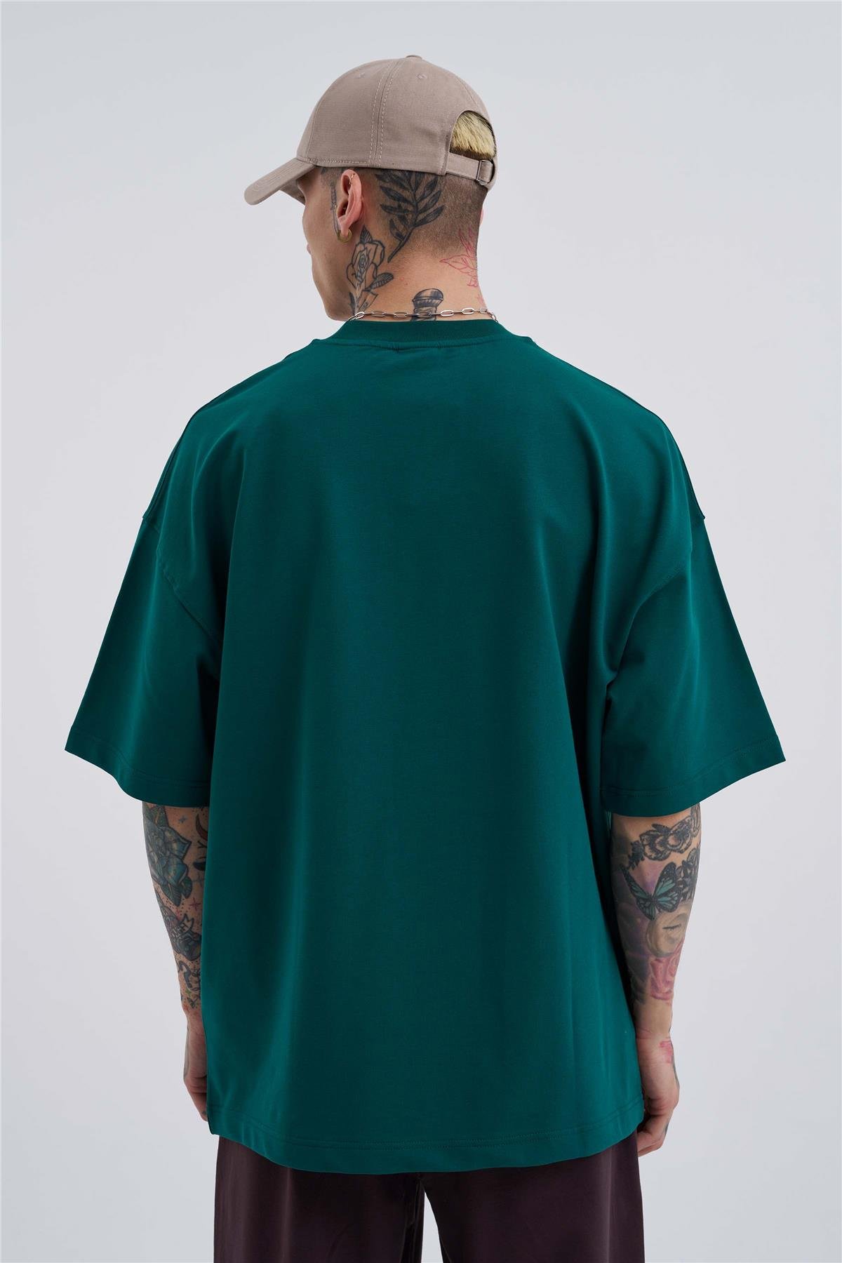 Erkek Basic Pamuklu Oversize Koyu Yeşil Tişört