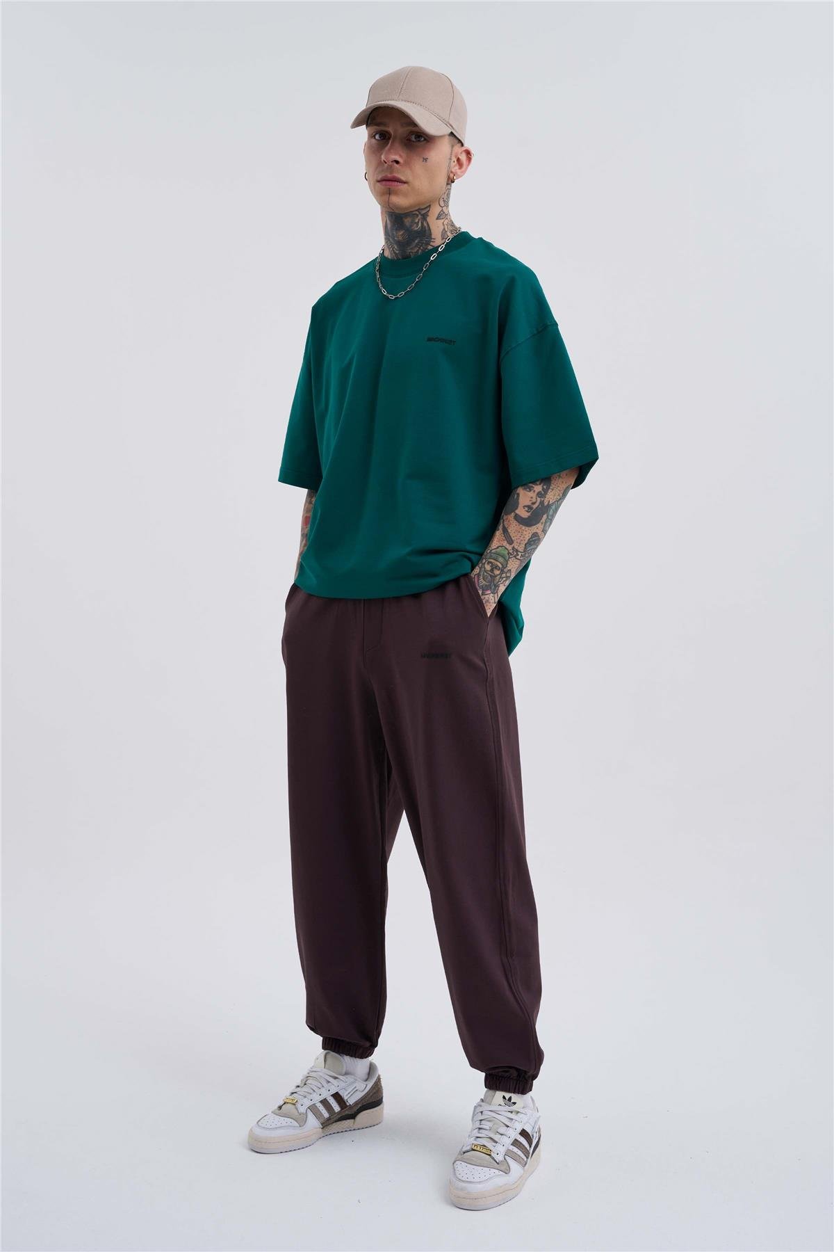 Erkek Basic Pamuklu Oversize Koyu Yeşil Tişört