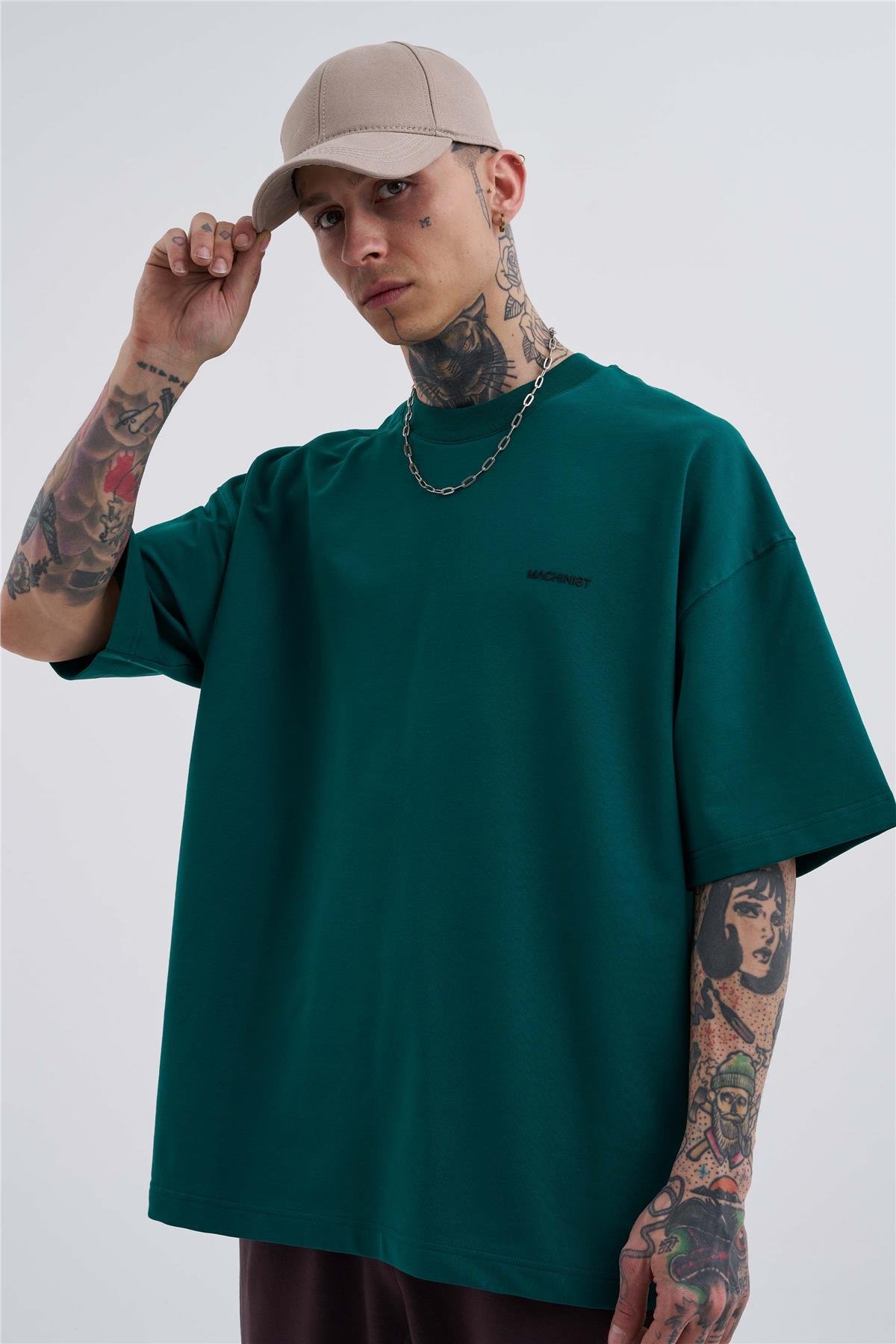 Erkek Basic Pamuklu Oversize Koyu Yeşil Tişört