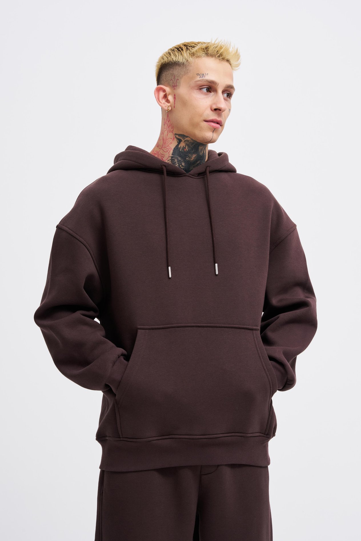 Erkek Basic Solid Kapüşonlu Oversize Kahverengi Sweatshirt