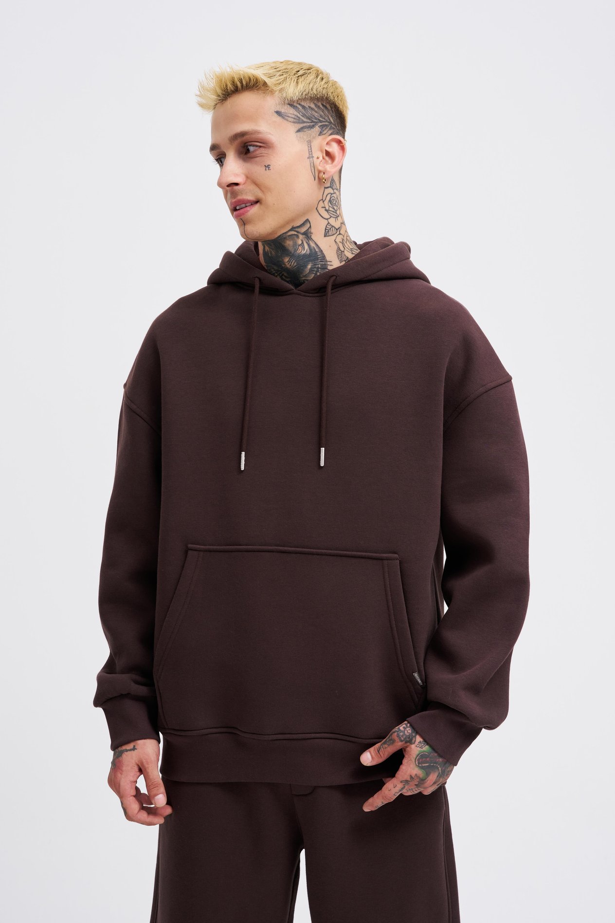 Erkek Basic Solid Kapüşonlu Oversize Kahverengi Sweatshirt