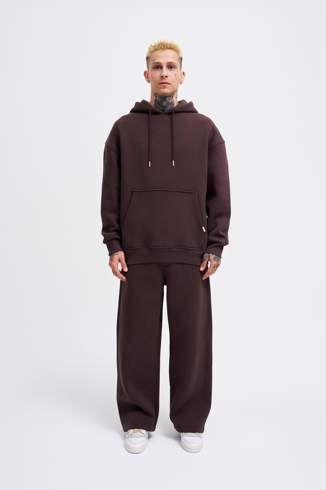 Erkek Basic Solid Kapüşonlu Oversize Kahverengi Sweatshirt