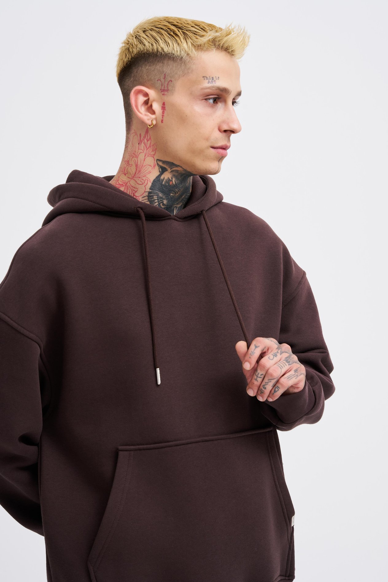 Erkek Basic Solid Kapüşonlu Oversize Kahverengi Sweatshirt