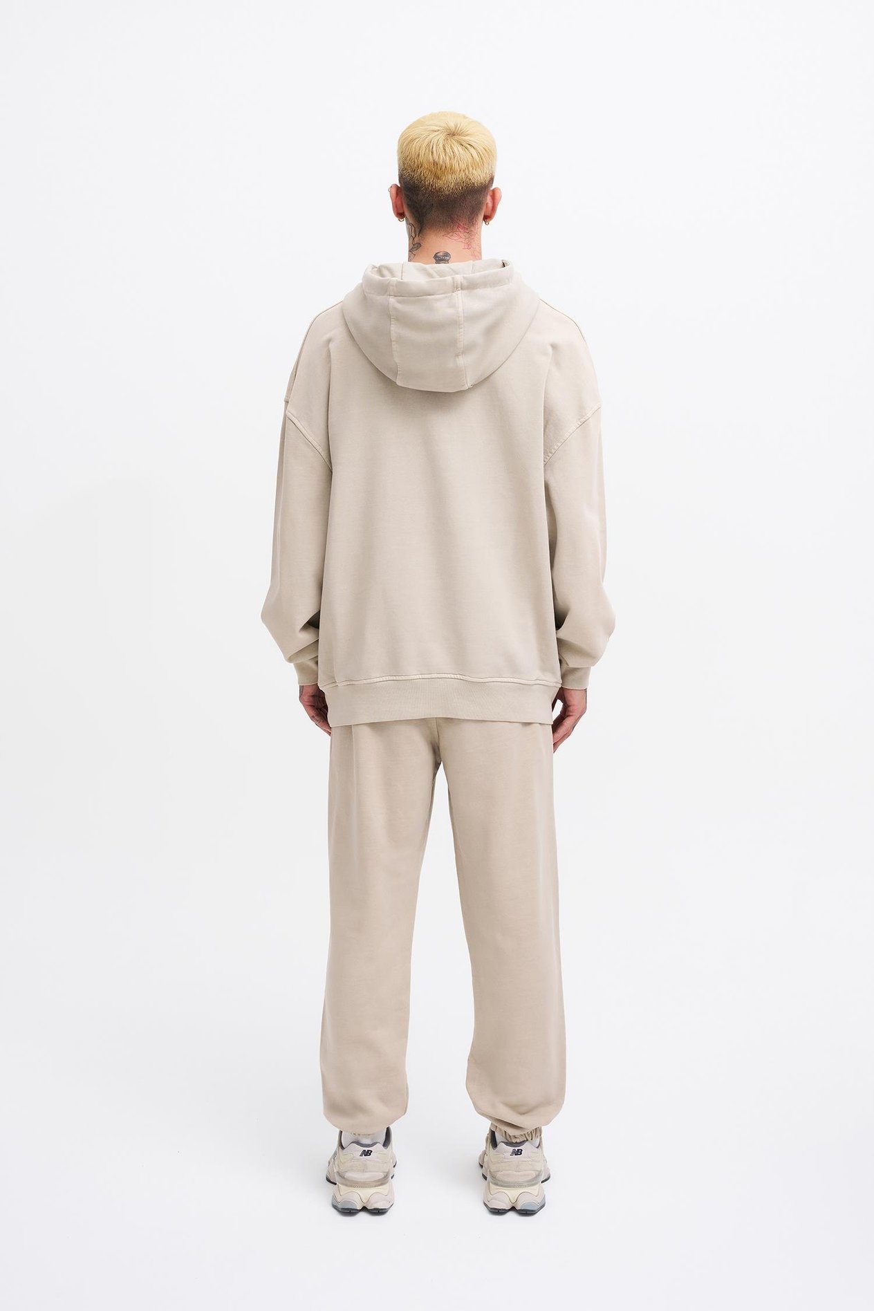 Erkek Basic Solid Kapüşonlu Oversize Yıkamalı Açık Bej Sweatshirt
