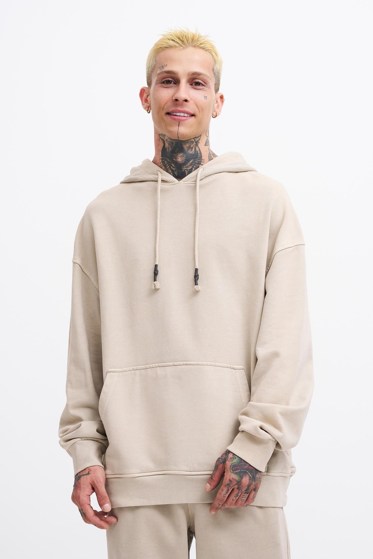 Erkek Basic Solid Kapüşonlu Oversize Yıkamalı Açık Bej Sweatshirt