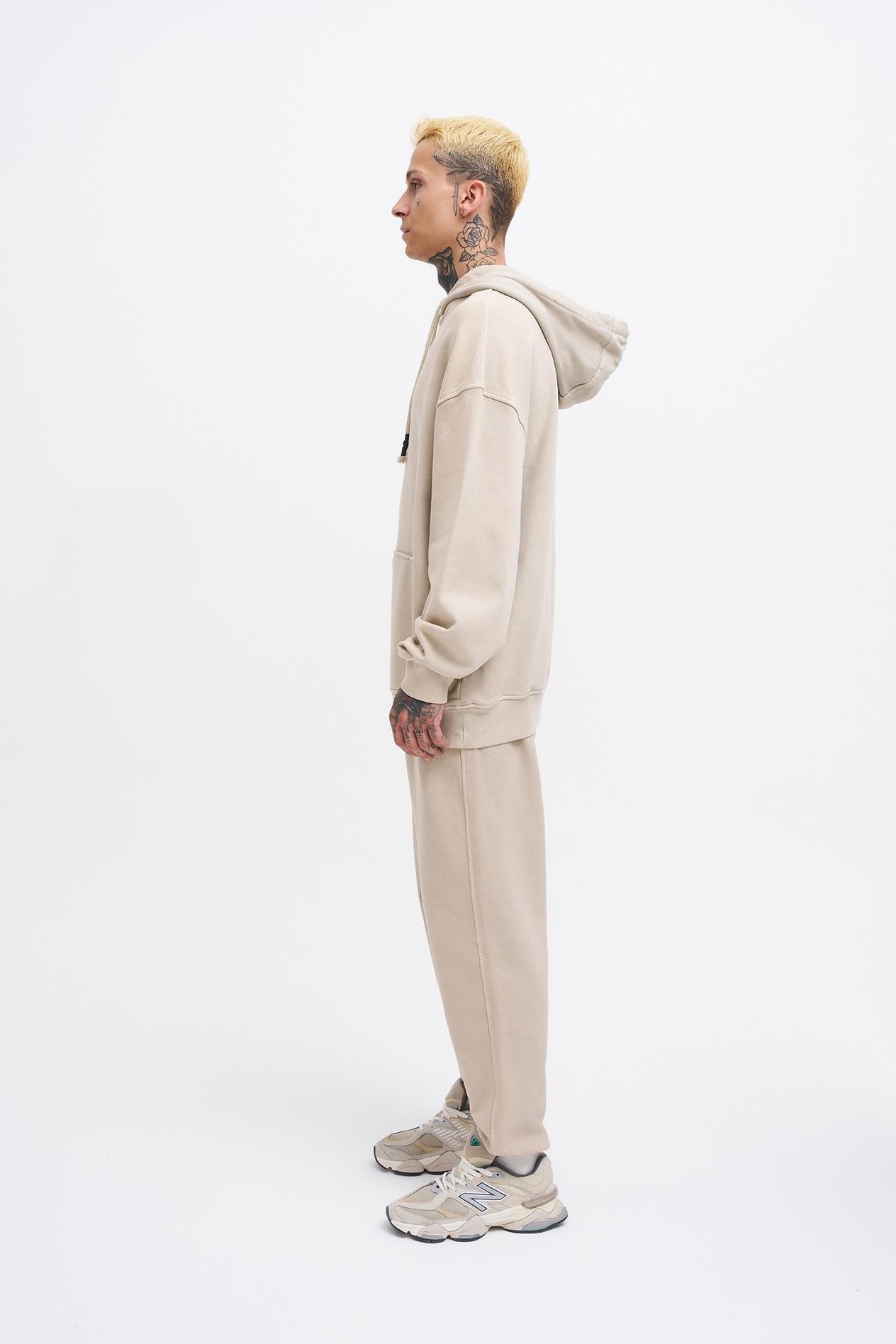 Erkek Basic Solid Kapüşonlu Oversize Yıkamalı Açık Bej Sweatshirt