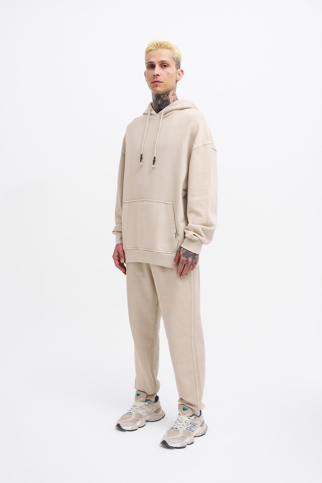 Erkek Basic Solid Kapüşonlu Oversize Yıkamalı Açık Bej Sweatshirt